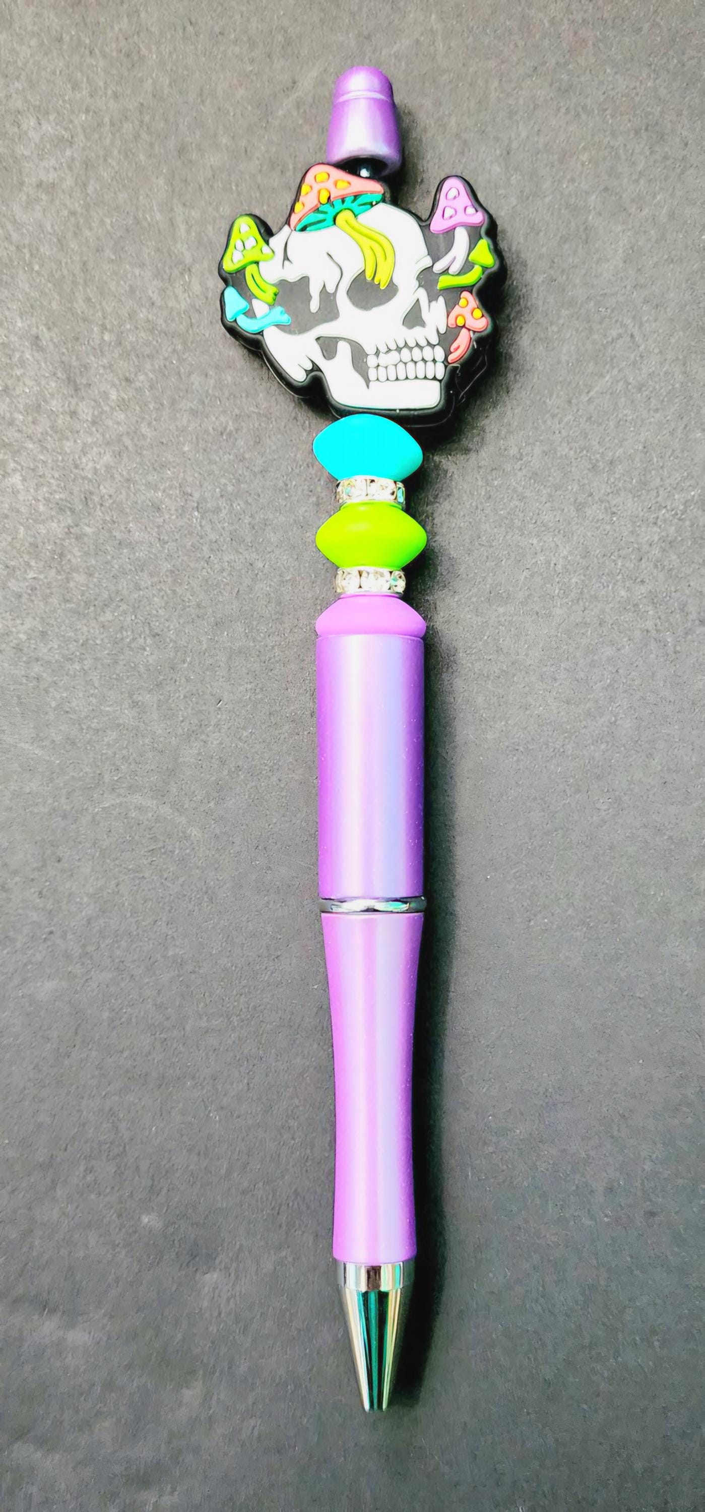 Skull + Mushroom Beaded Pen – Quirky Handmade Writing Tool for Those Who Don’t Do Boring