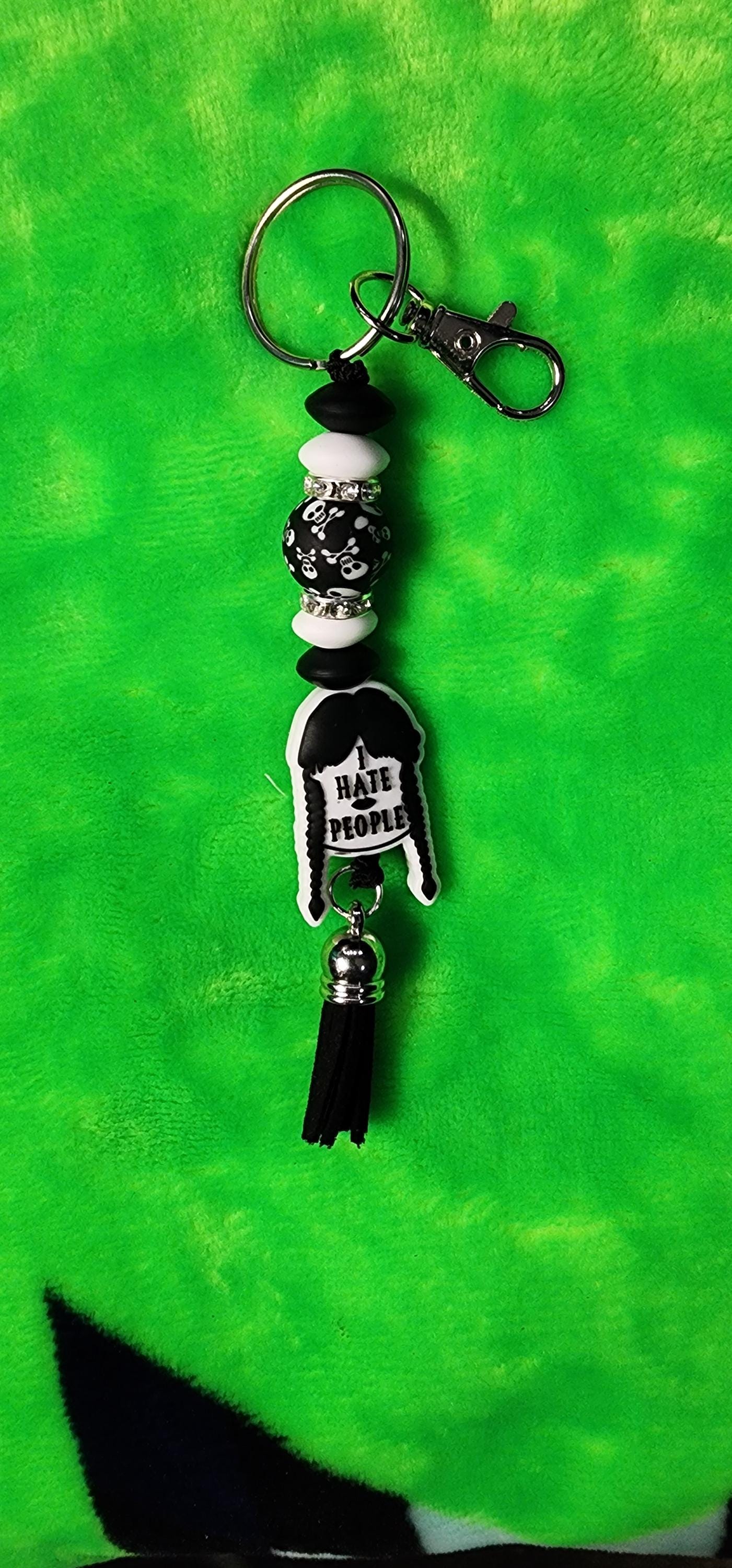 Wednesday Addams ‘I Hate People’ Beaded Keychain – Gothic Spooky Accessory, Creepy Cute Bag Charm,  Horror & Addams Family Fans - Thumbnail 3