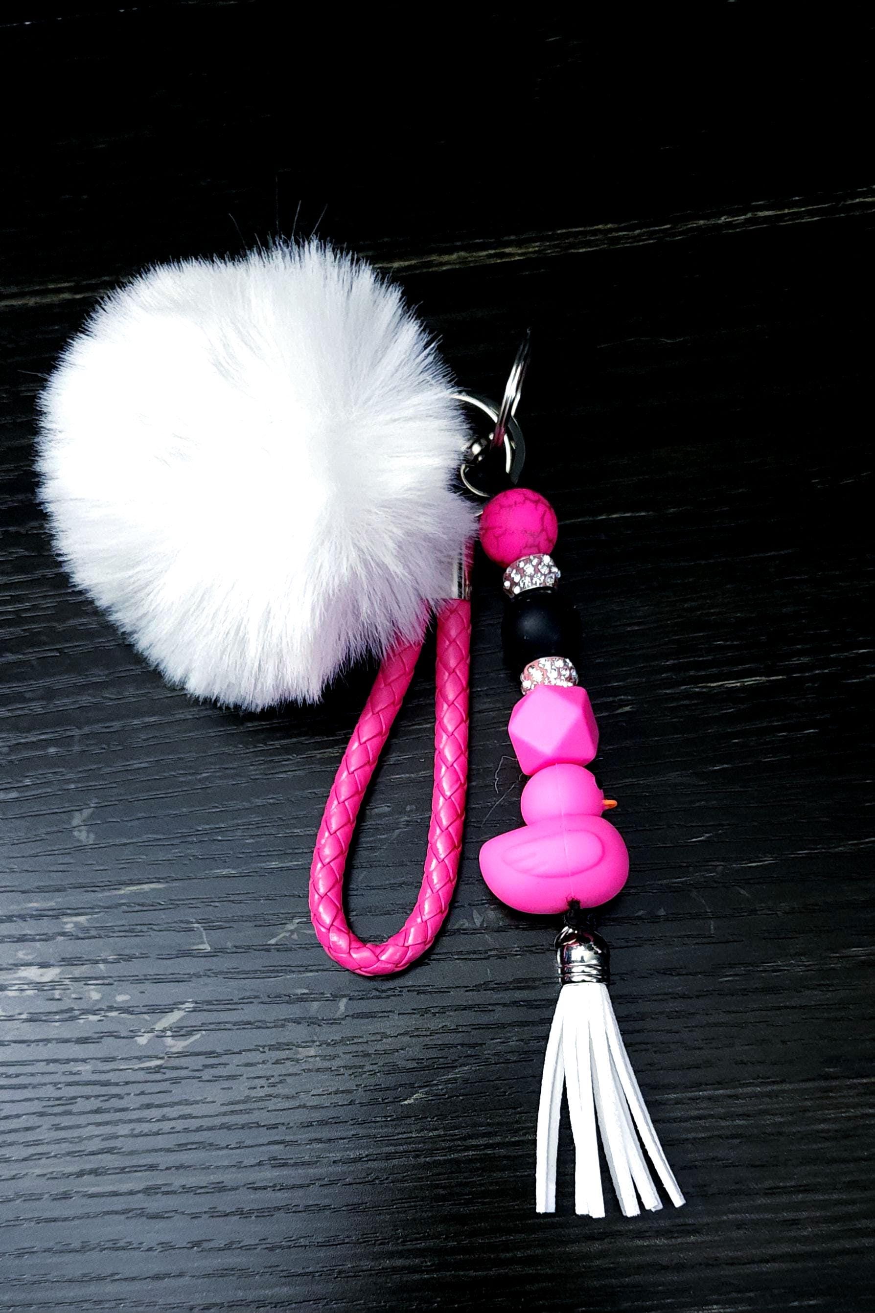 Duck Keychain Wrist Lanyard: Acrylic Charm & Faux Fur Pom Pom - Thumbnail 3