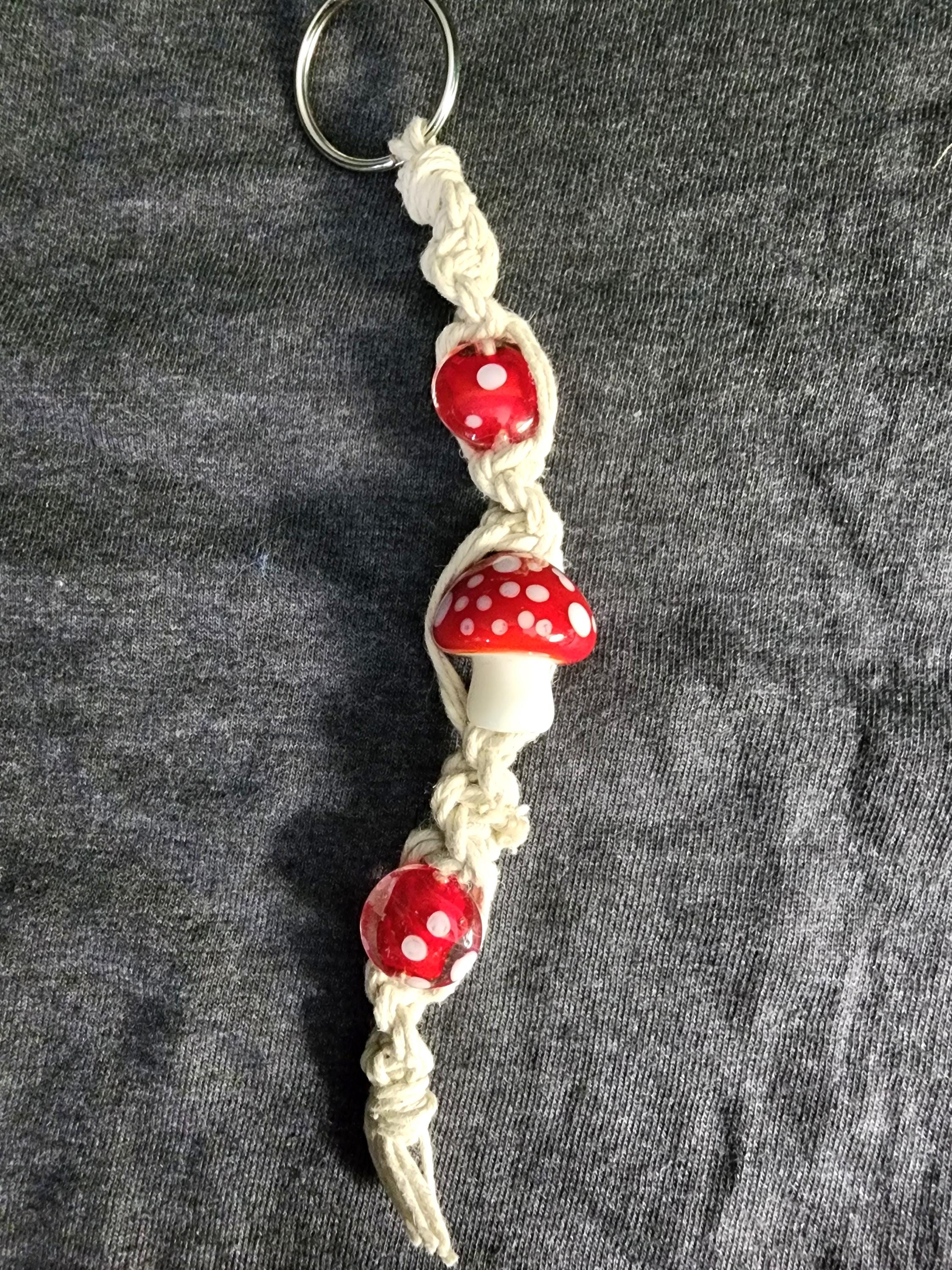 Handmade Hemp Mushroom Keychain with Glass Beads
