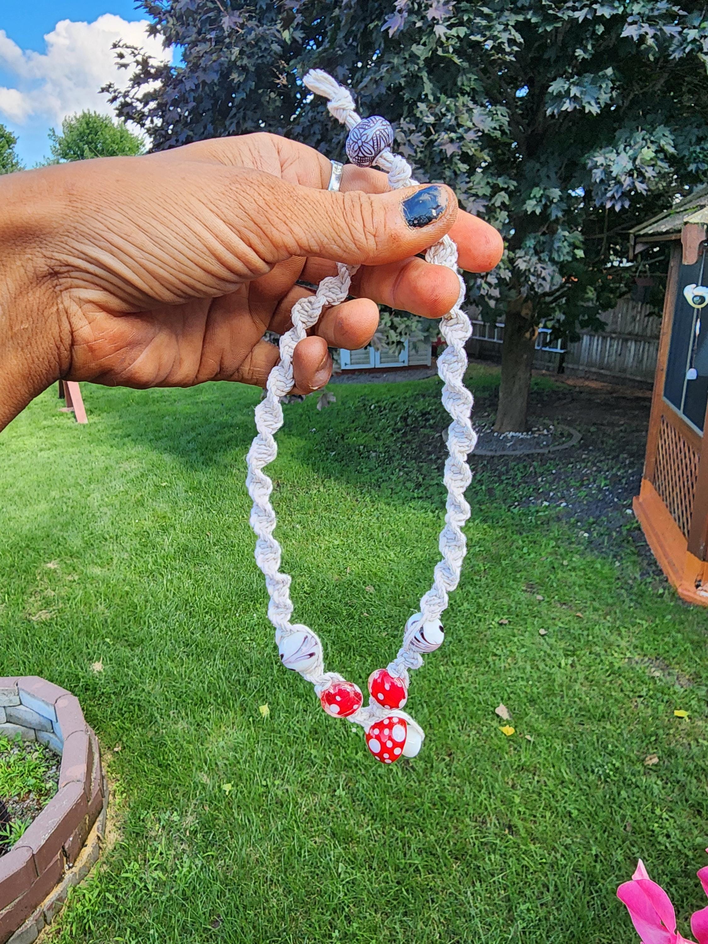 Handmade Hemp Mushroom Necklace with Glass Beads