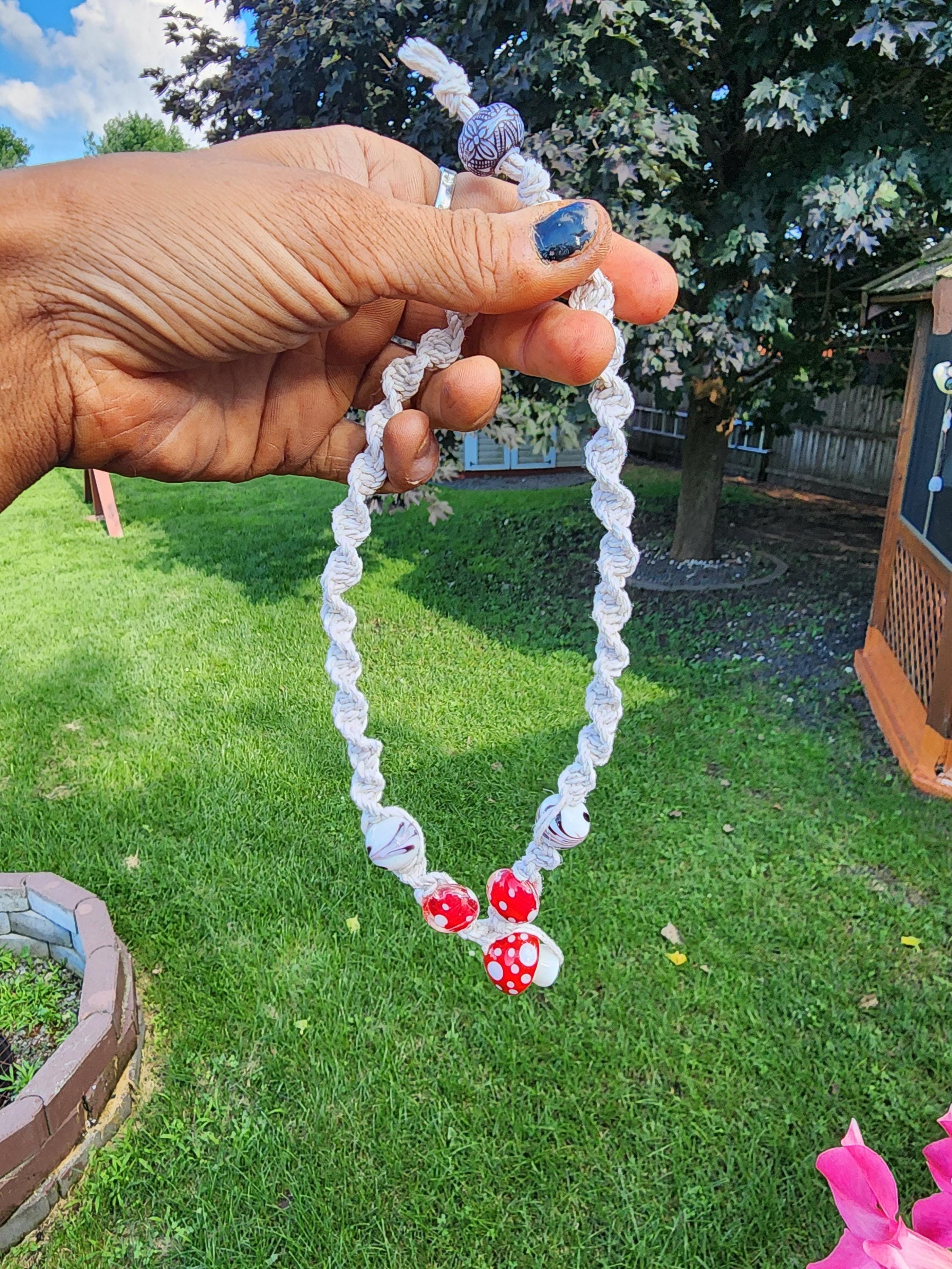 Handmade Hemp Mushroom Necklace with Glass Beads - Thumbnail 5
