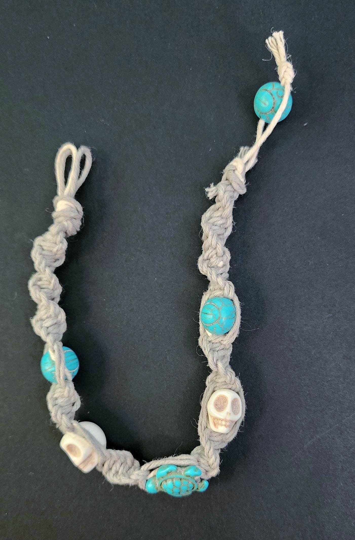 Handmade Hemp Bracelet with Skull and Turtle Beads