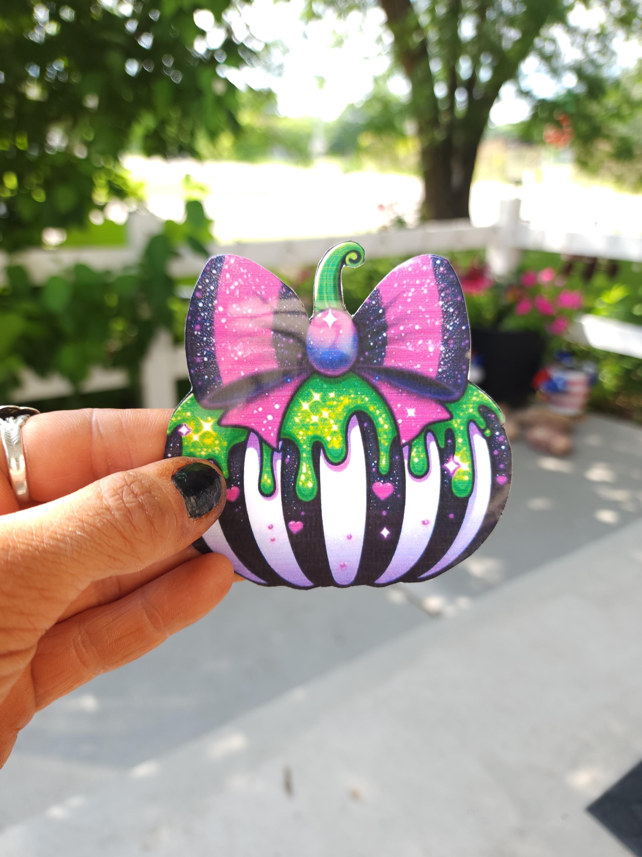 Toxic Glam Gourd – 3x3 Creepy Cute Vinyl Sticker | White, Black & Purple Striped Pumpkin Dripping in Slime Green Ooze | Spooky Halloween - Thumbnail 7