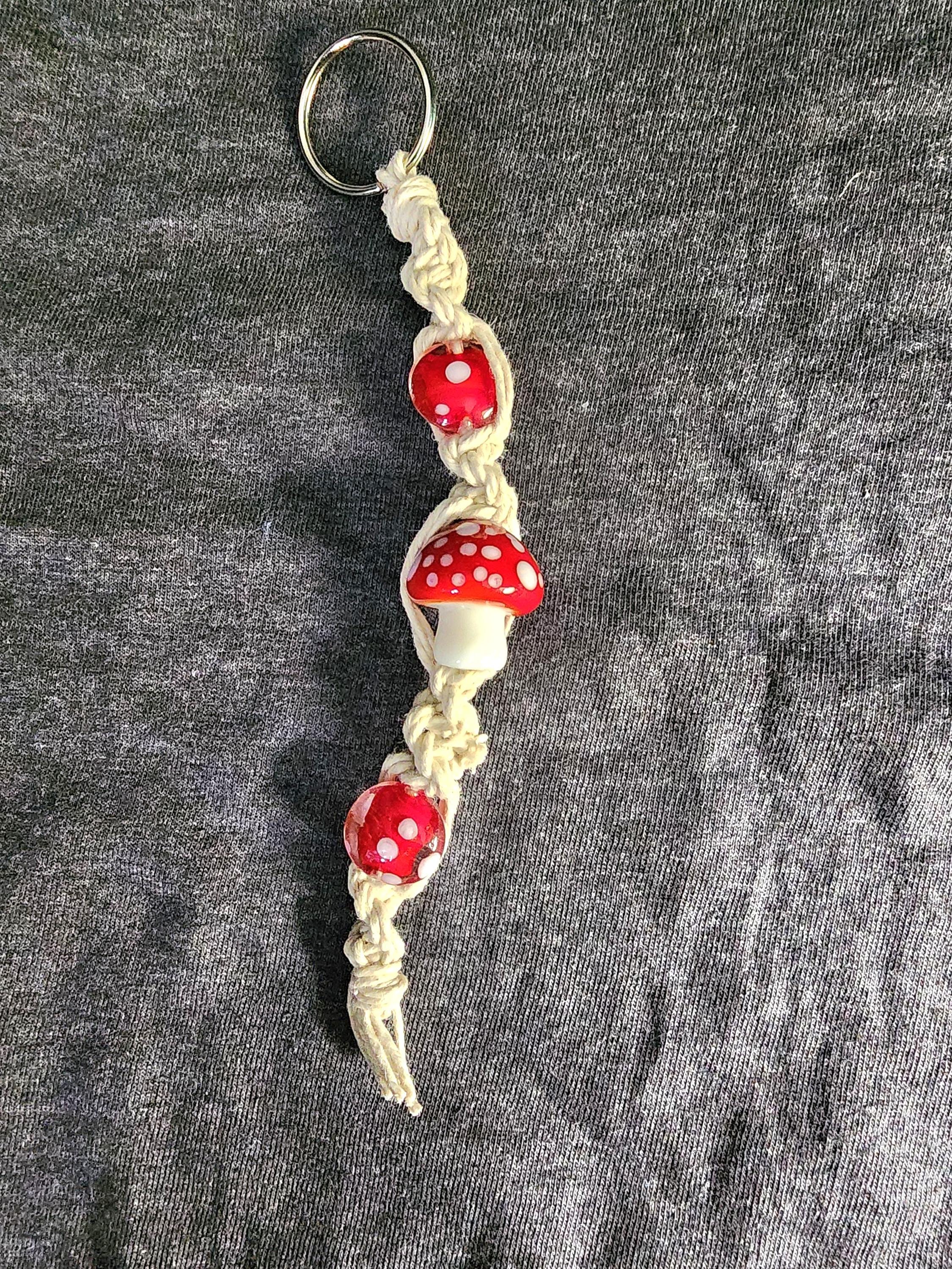 Handmade Hemp Mushroom Keychain with Glass Beads - Thumbnail 4