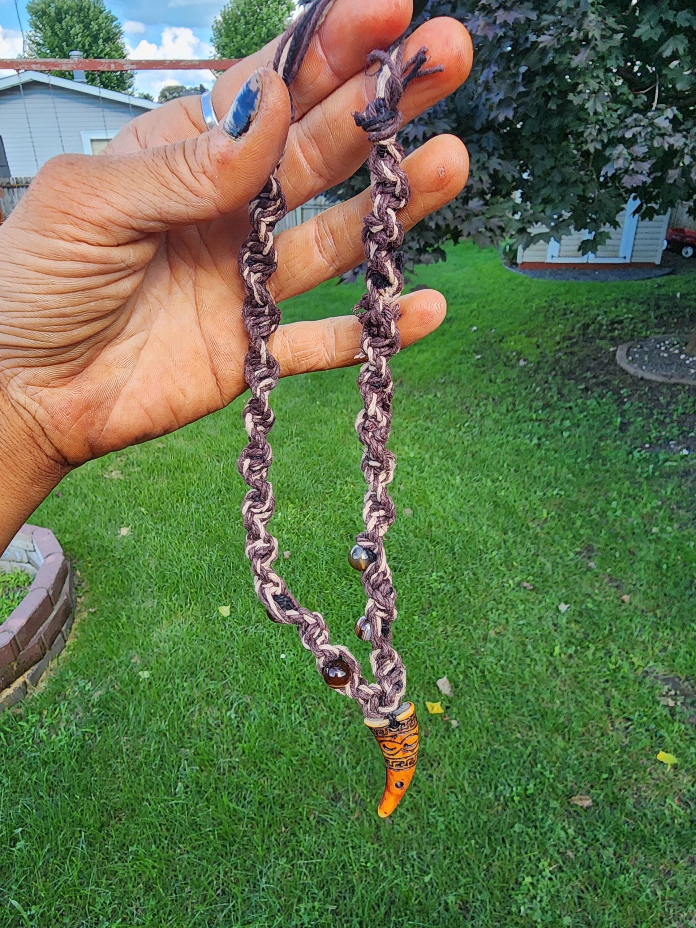 Hemp Necklace with Tooth Bead: Boho Handmade Natural Fiber Jewelry - Thumbnail 2
