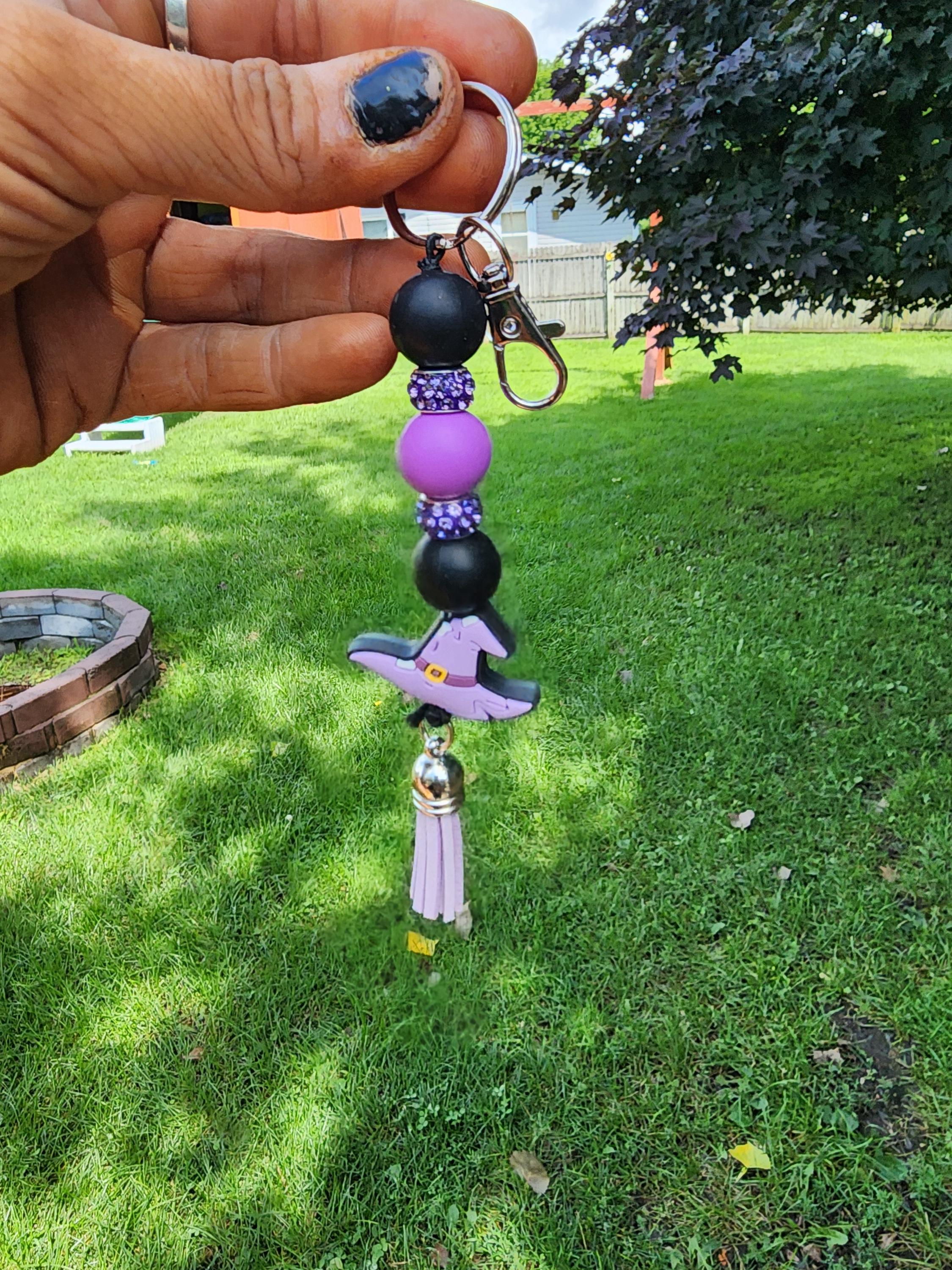 Witch Hat Beaded Keychain: Purple Rhinestone Glam Bag Charm - Thumbnail 3