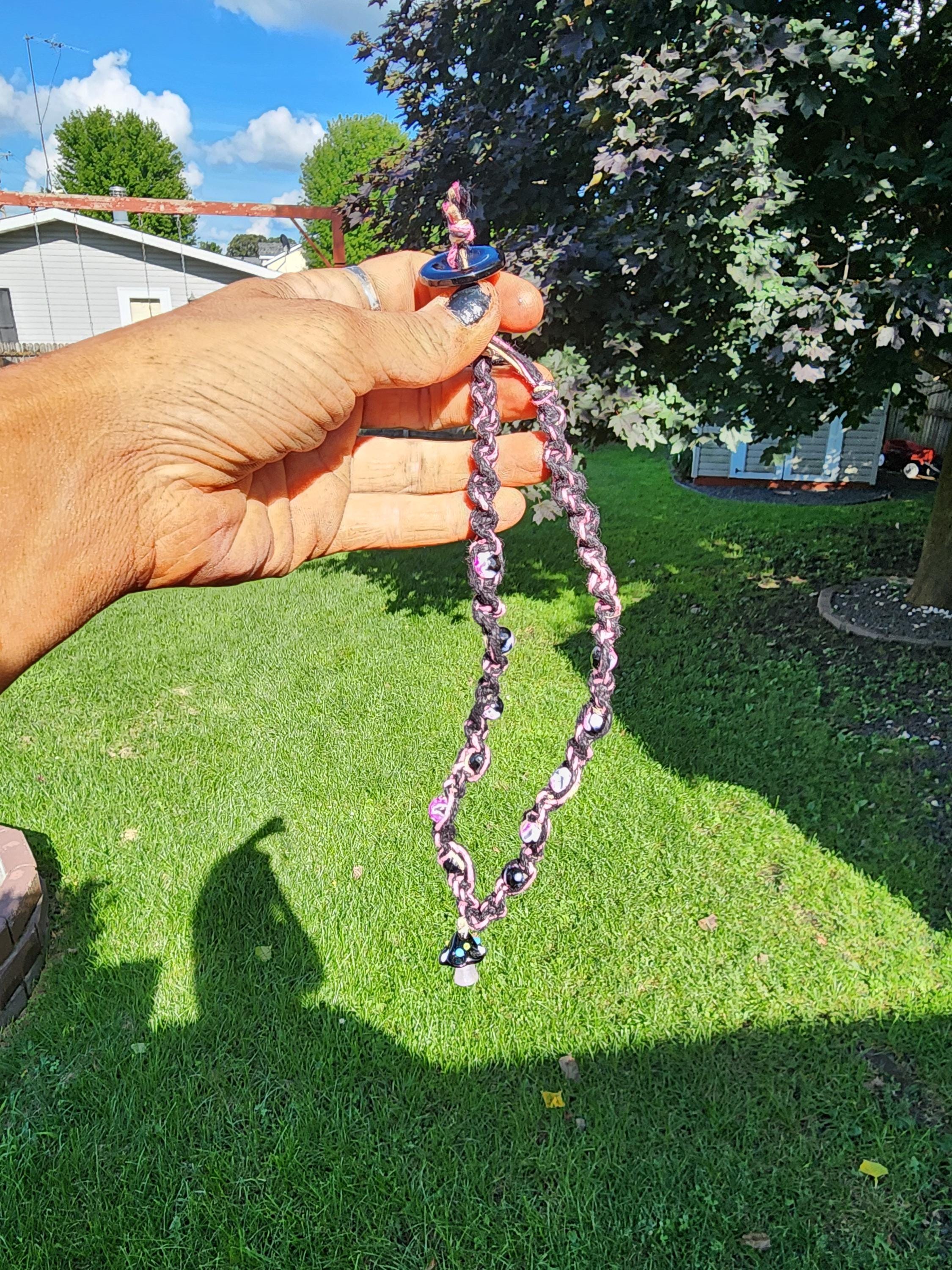 Pink & Black Hemp Necklace: Mushroom Pendant, Boho Alt Jewelry - Thumbnail 5