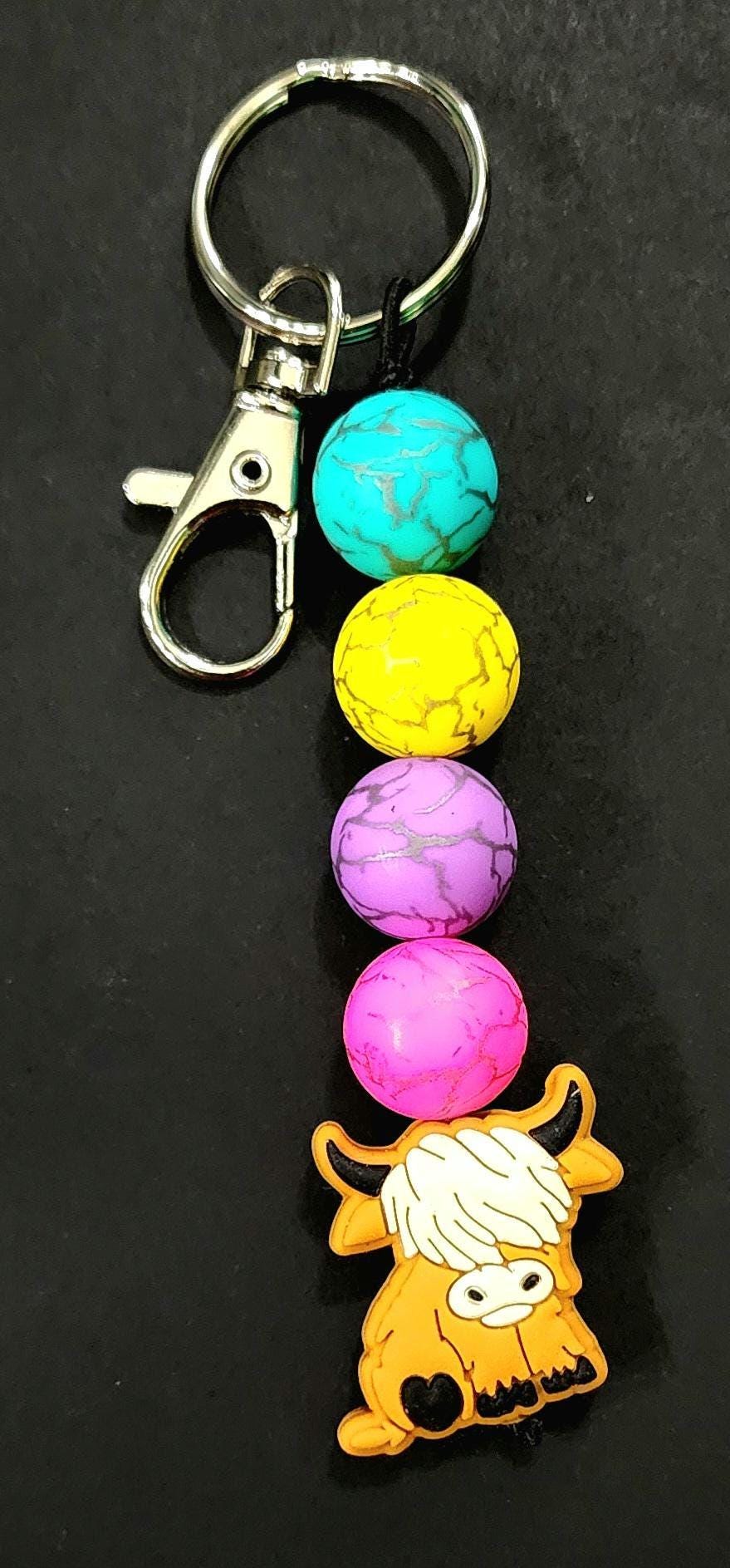 Beaded Keychain Cute Cow Charm Handmade Animal Key Ring Accessory Gift for Cow Lovers - Thumbnail 3