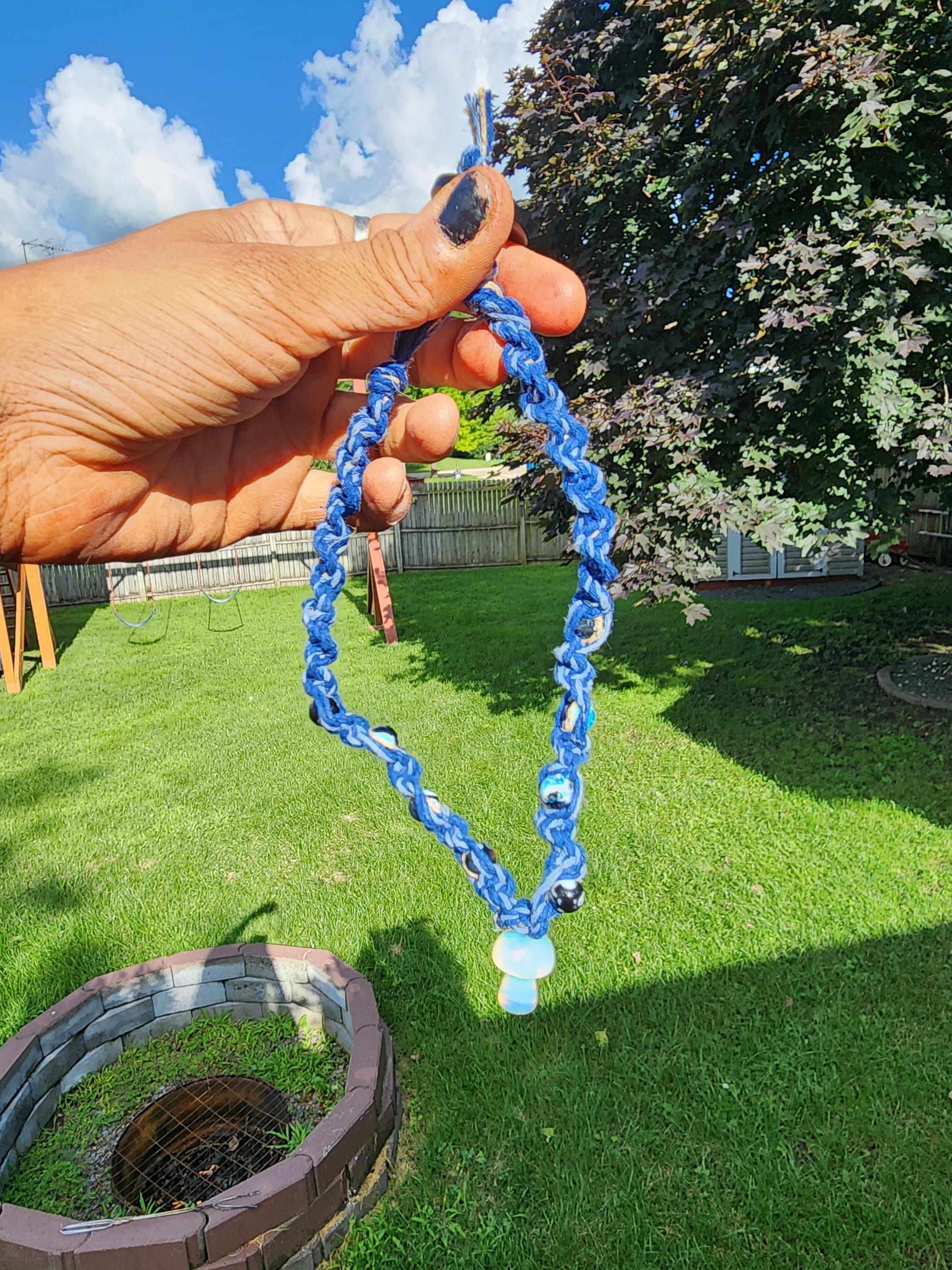 Handmade Blue Hemp Necklace: Pearlescent Mushroom Bead - Thumbnail 6