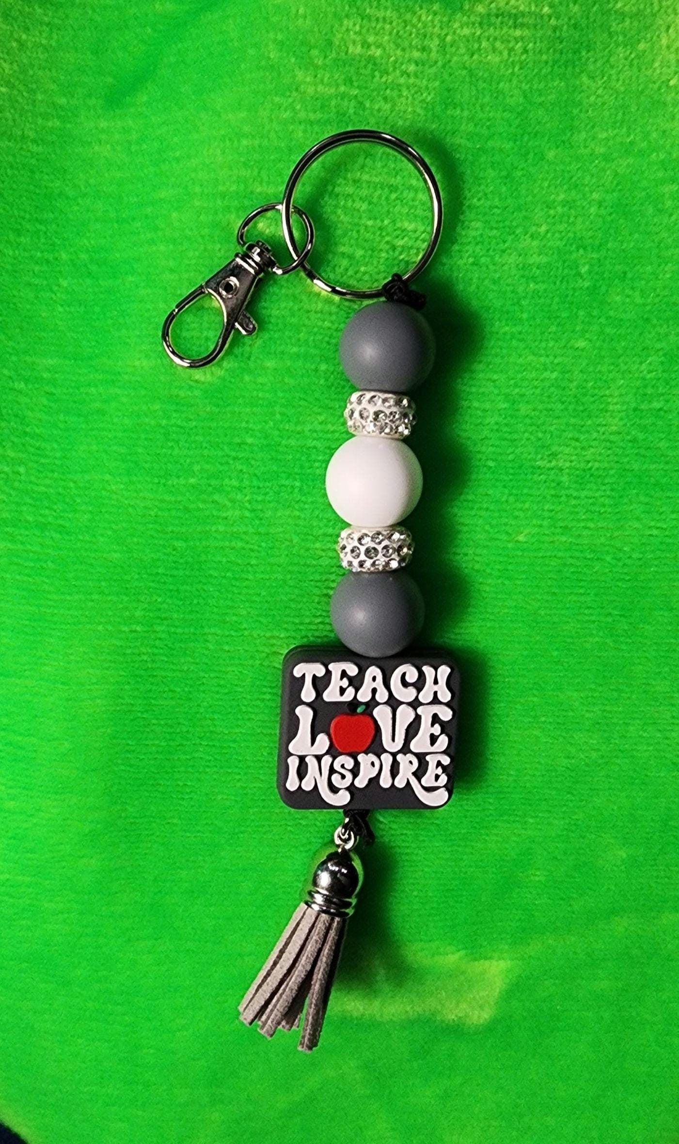 Gray & White Beaded Keychain – “Teach, Love, Inspire” Teacher appreciation| Positive Quote Keychain, Bag Charm - Thumbnail 2