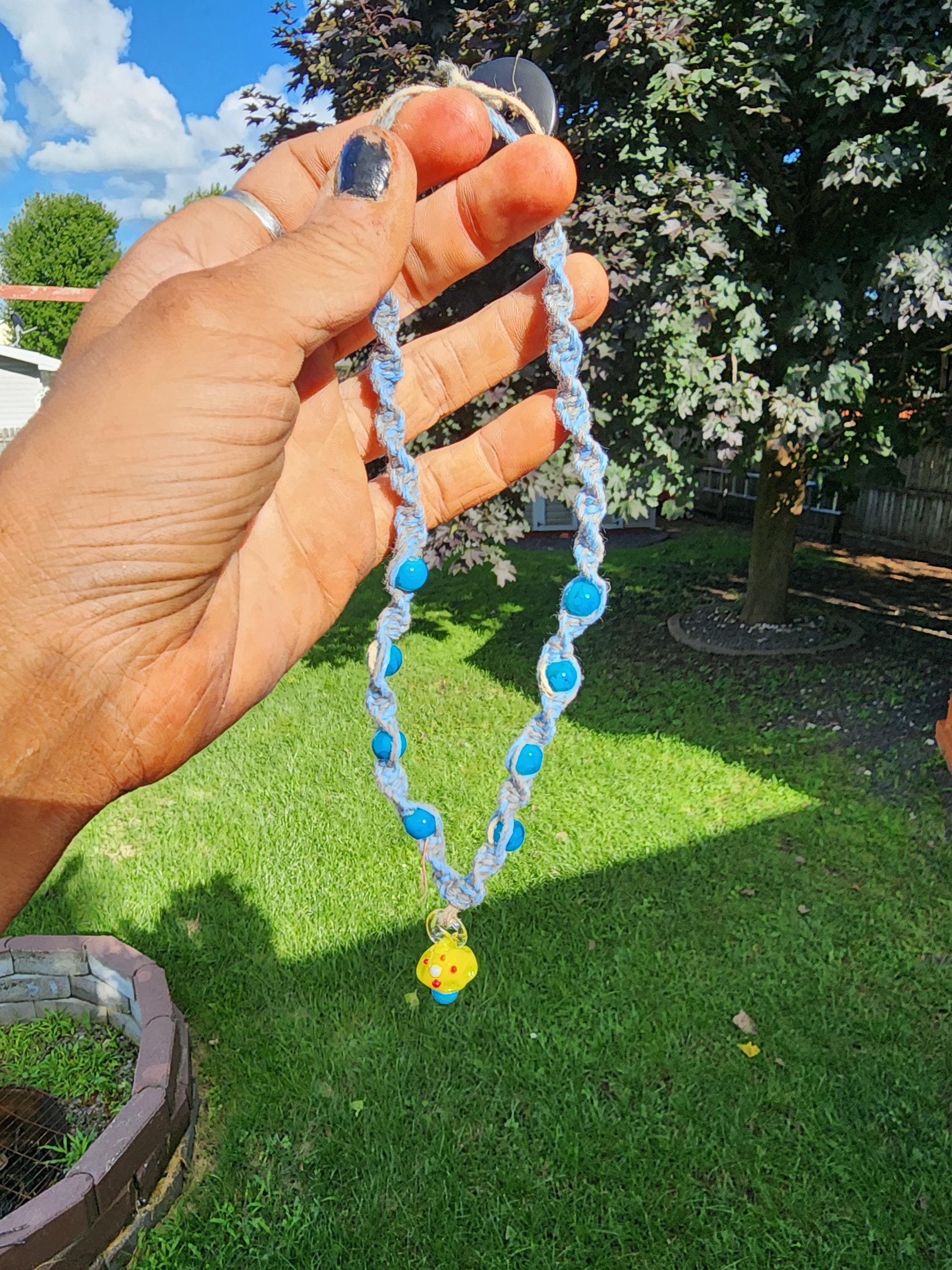 Hemp Necklace: Boho Light Blue Gray Cord with Glass Mushroom Bead - Thumbnail 5