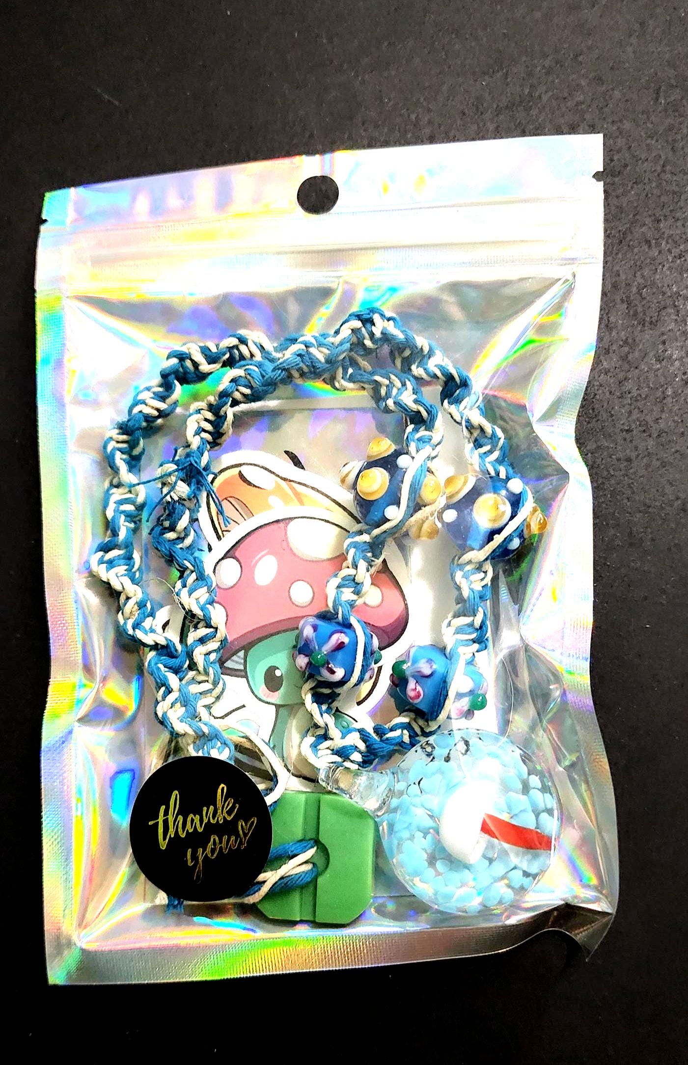 Handmade Blue Hemp Necklace: Glass Mushroom Pendant - Thumbnail 3