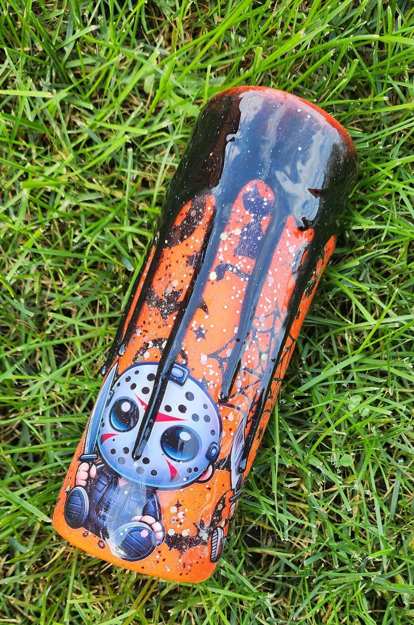 Orange Drip Horror Tumbler: 20oz Halloween Glitter Epoxy Cup - Thumbnail 3