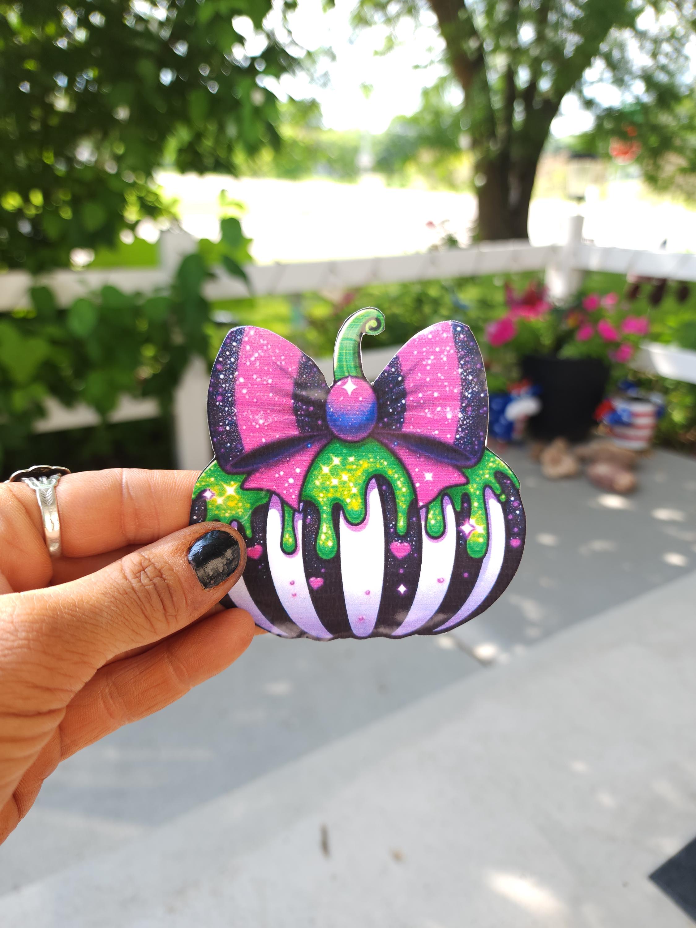 Toxic Glam Gourd – 3x3 Creepy Cute Vinyl Sticker | White, Black & Purple Striped Pumpkin Dripping in Slime Green Ooze | Spooky Halloween - Thumbnail 5