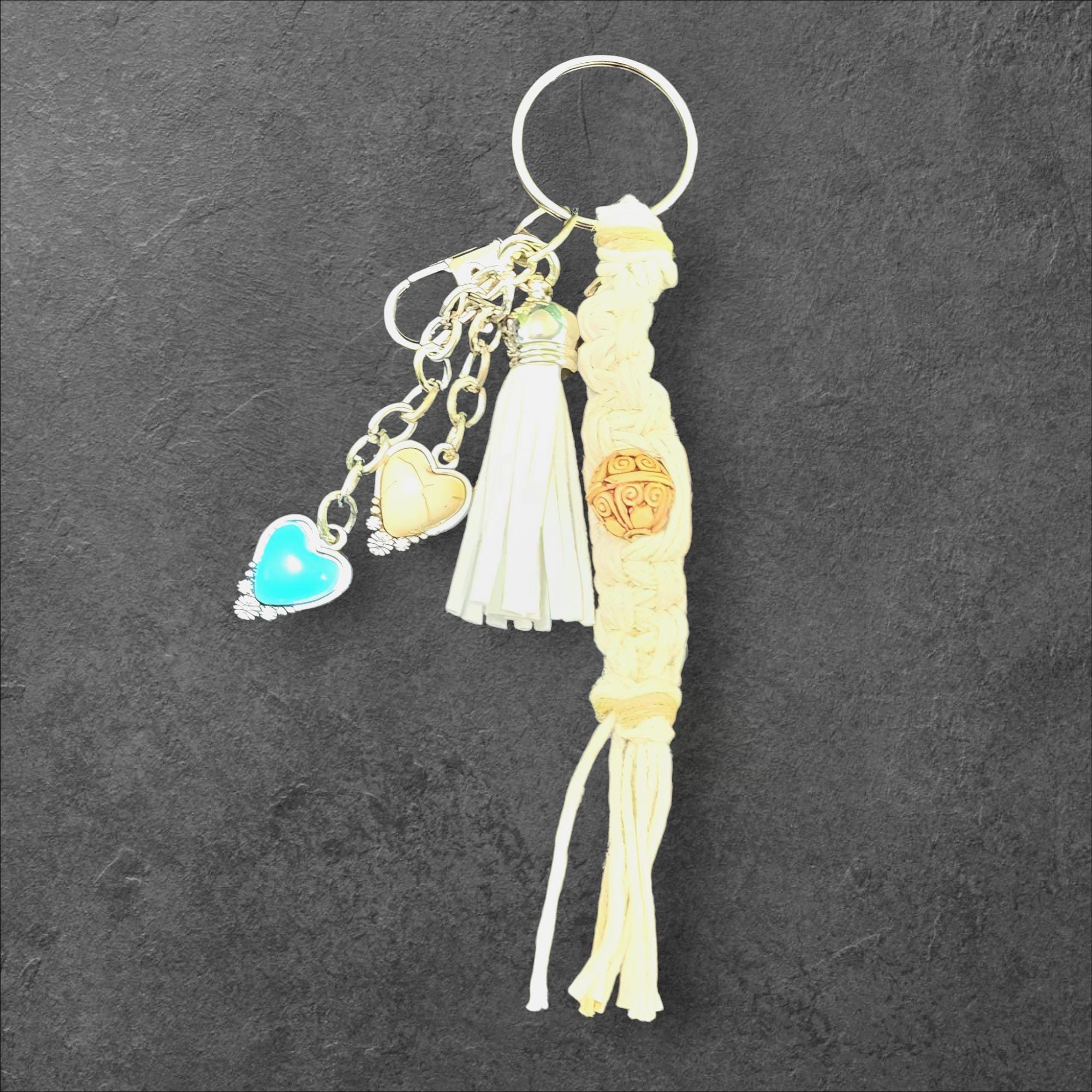 Handmade Hemp Keychain: Heart Charms & Glass Beads - Thumbnail 5