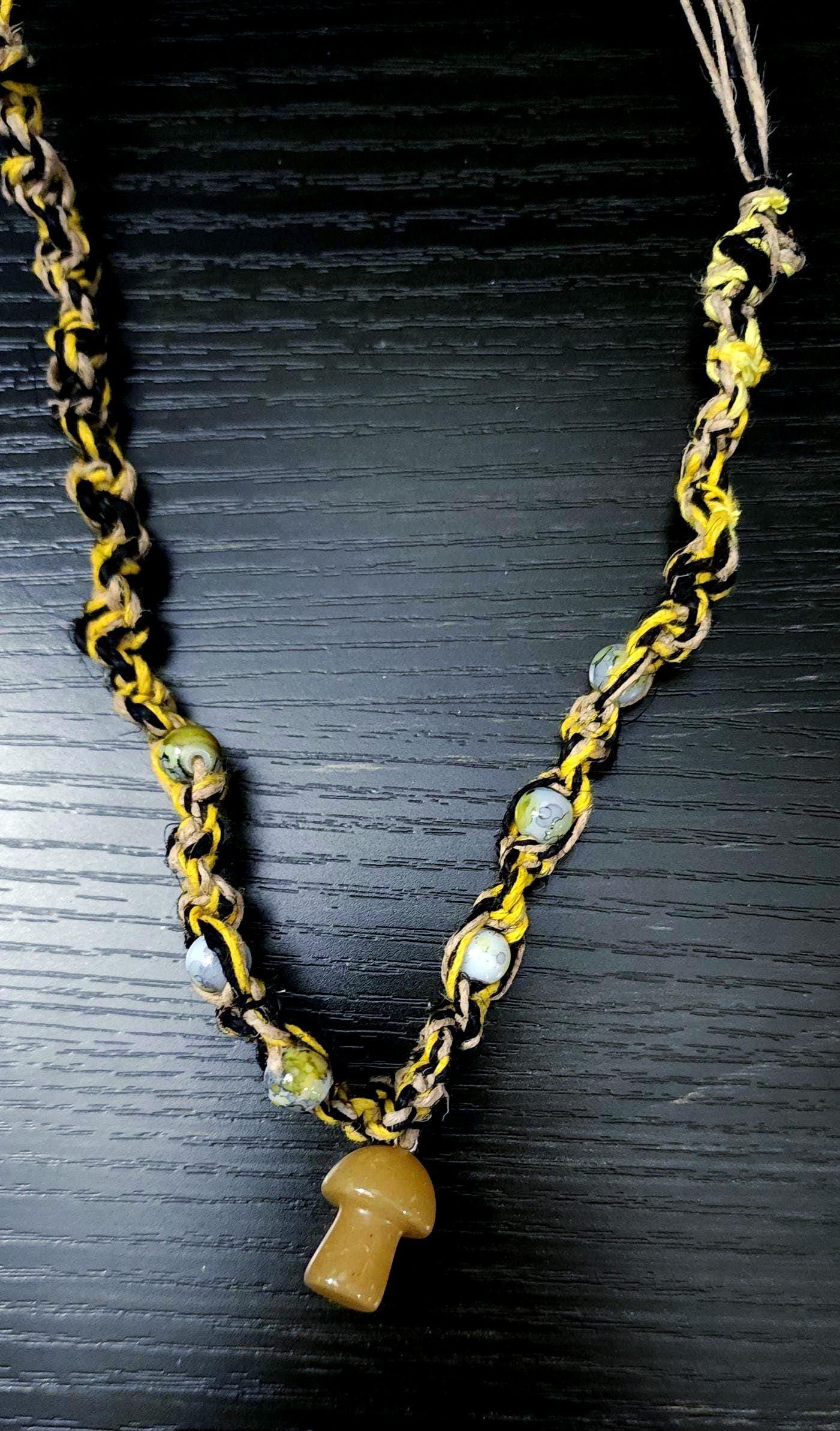 Hemp Necklace with Yellow Glass Mushroom Bead - Ecofriendly Black, White & Yellow Boho Jewelry for Men and Women - Thumbnail 6