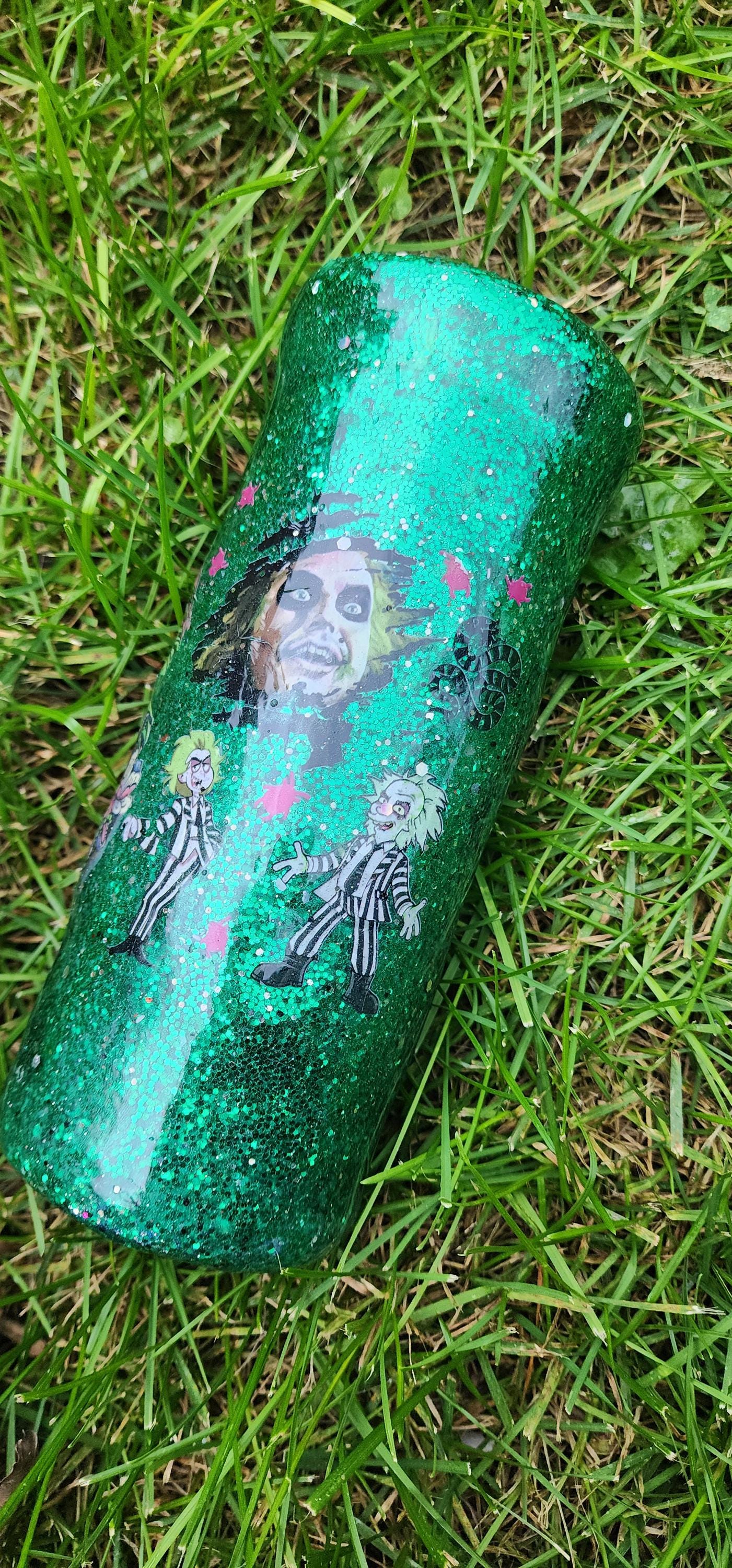 Beetlejuice Tumbler: Neon Green Glitter Drip, Spooky Stainless Steel Cup - Thumbnail 3