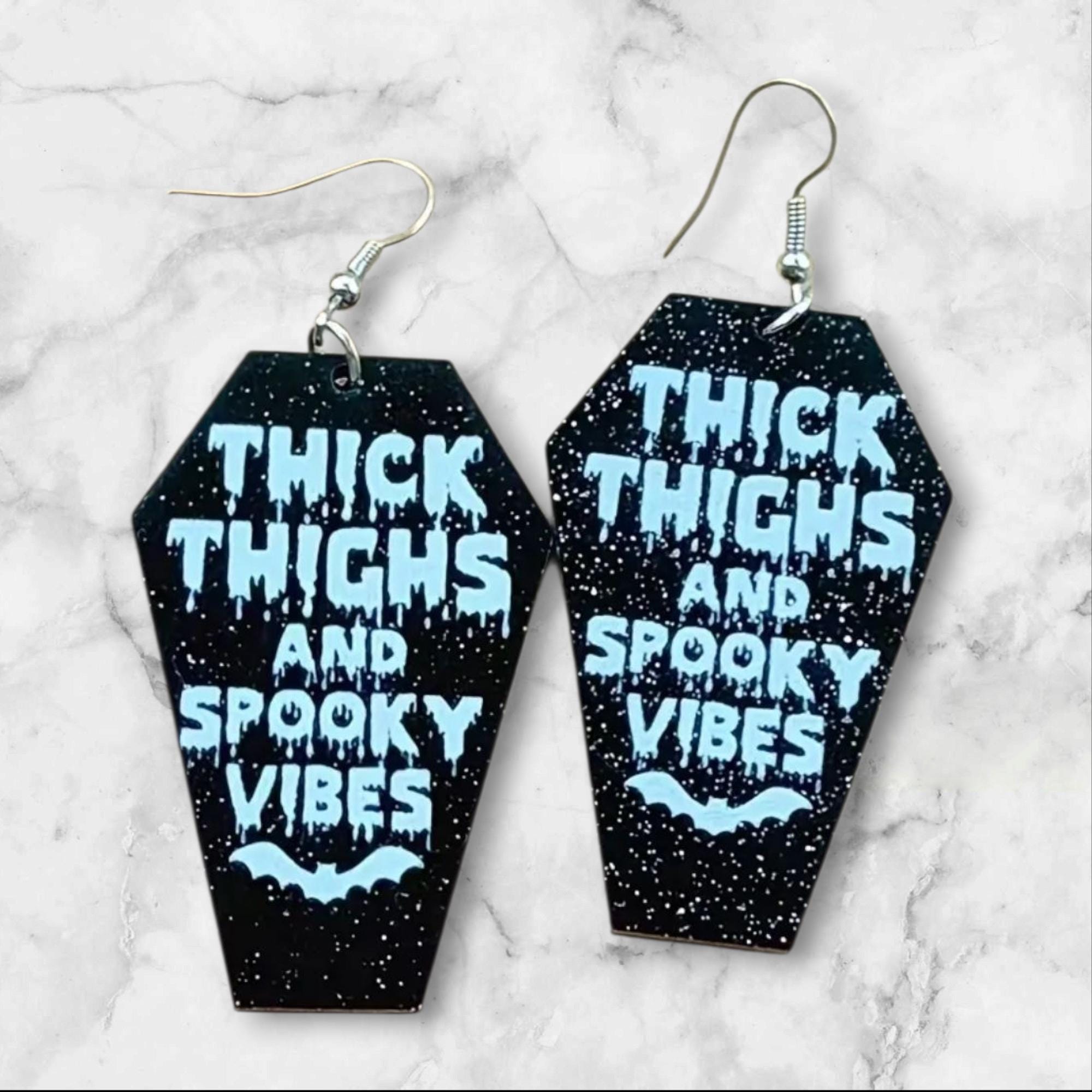 Coffin Halloween Earrings: Thick Thighs Spooky Vibes, Black Acrylic - Thumbnail 6