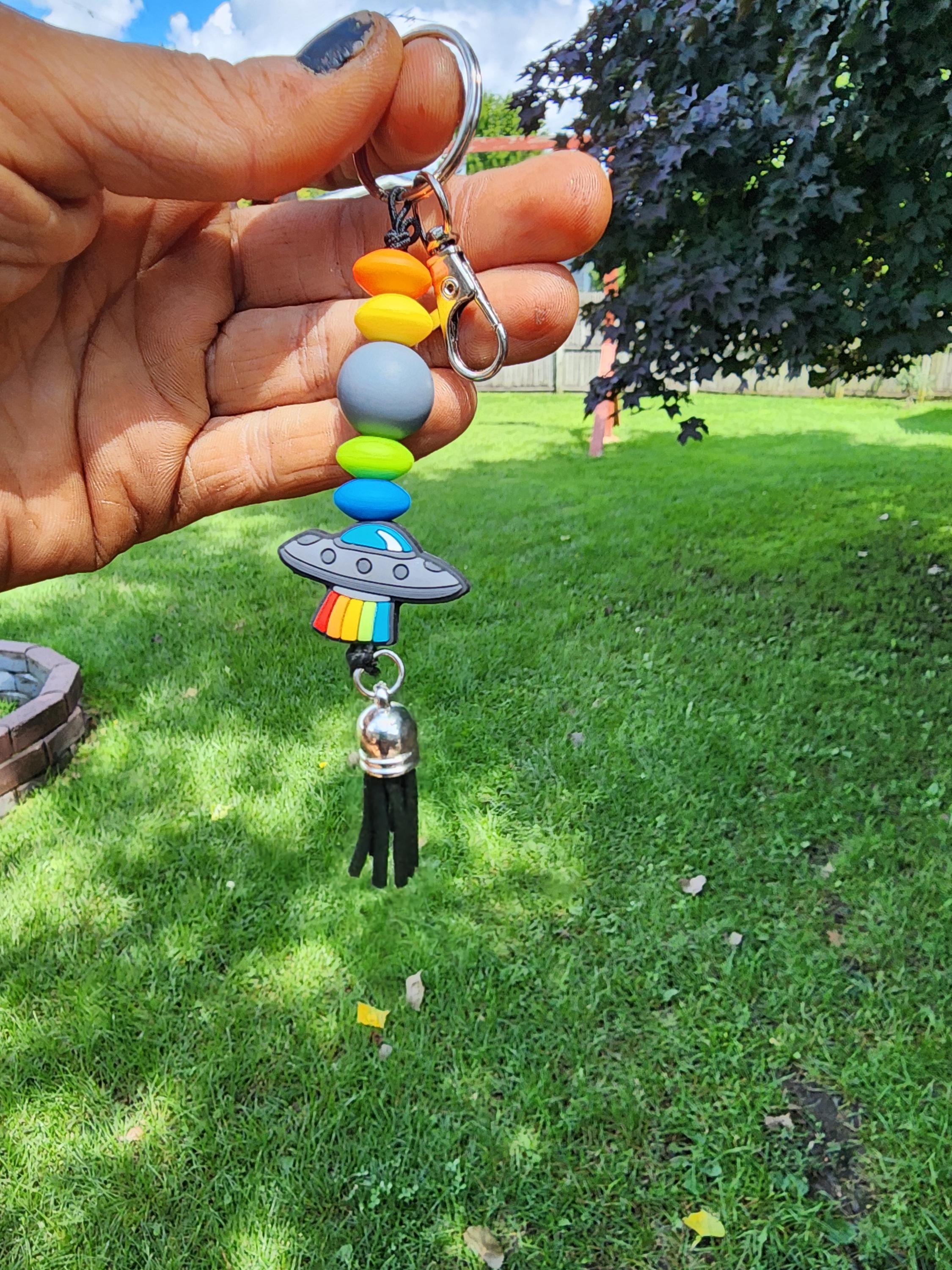 UFO Beaded Keychain: Funky Alien Bag Charm - Cosmic Gift - Thumbnail 6
