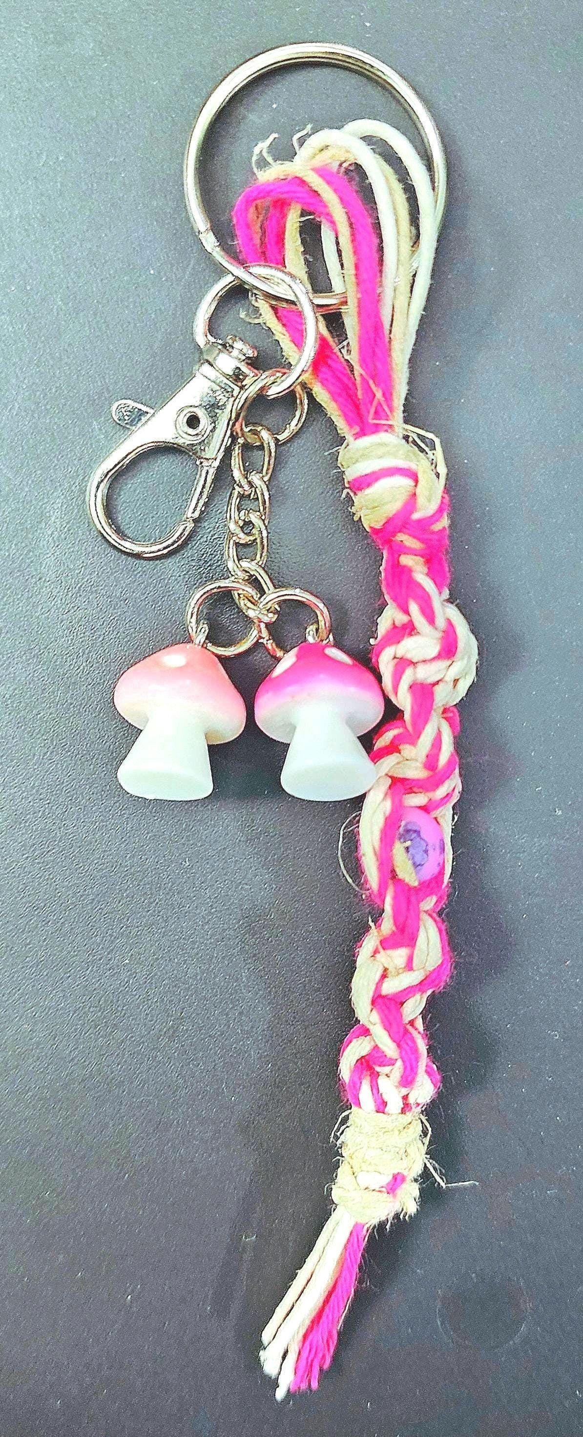Handmade Hemp Keychain with Mushroom & Glass Beads