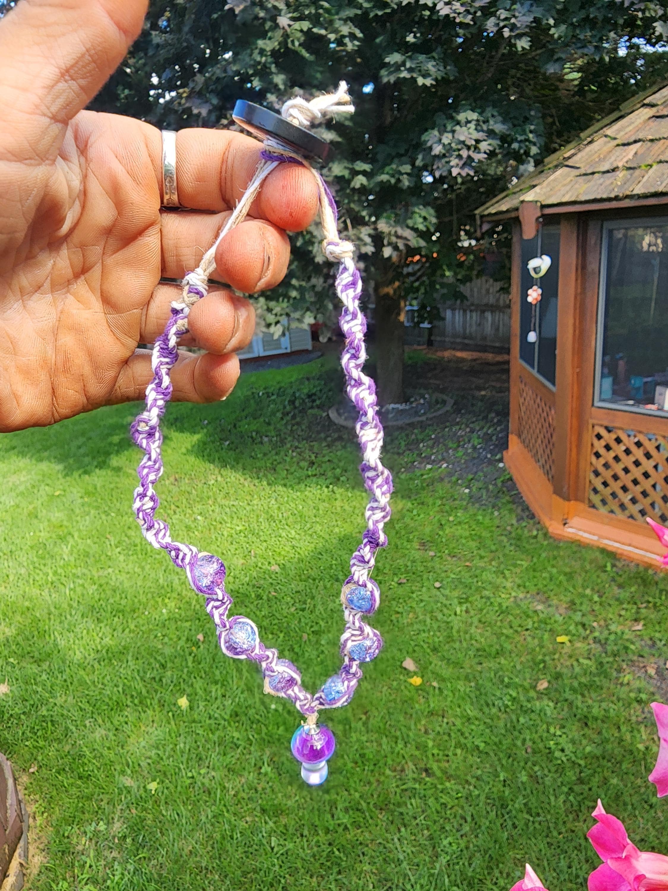 Handmade Purple Hemp Necklace: Glass Mushroom Bead - Thumbnail 2