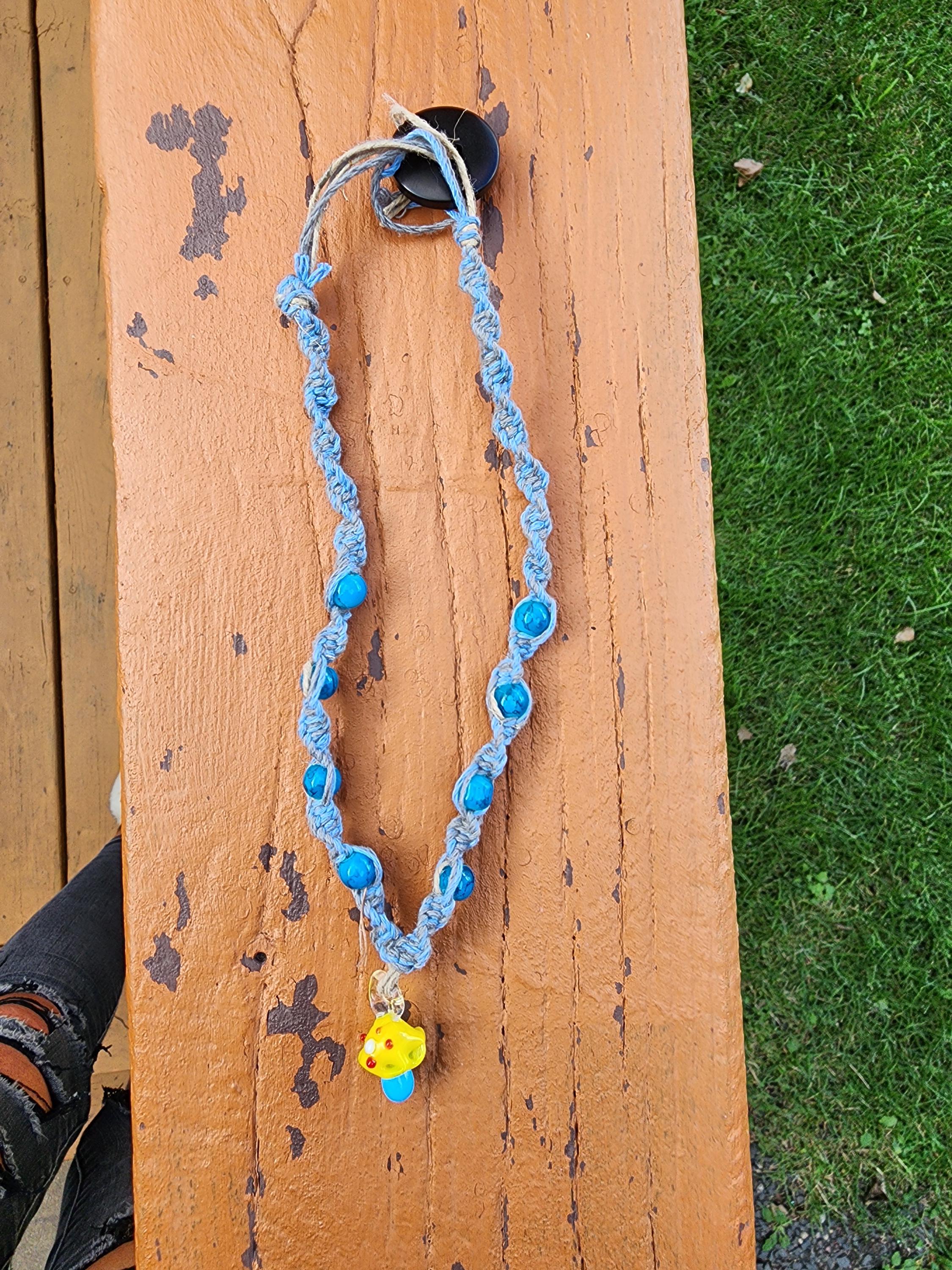 Hemp Necklace: Boho Light Blue Gray Cord with Glass Mushroom Bead - Thumbnail 6
