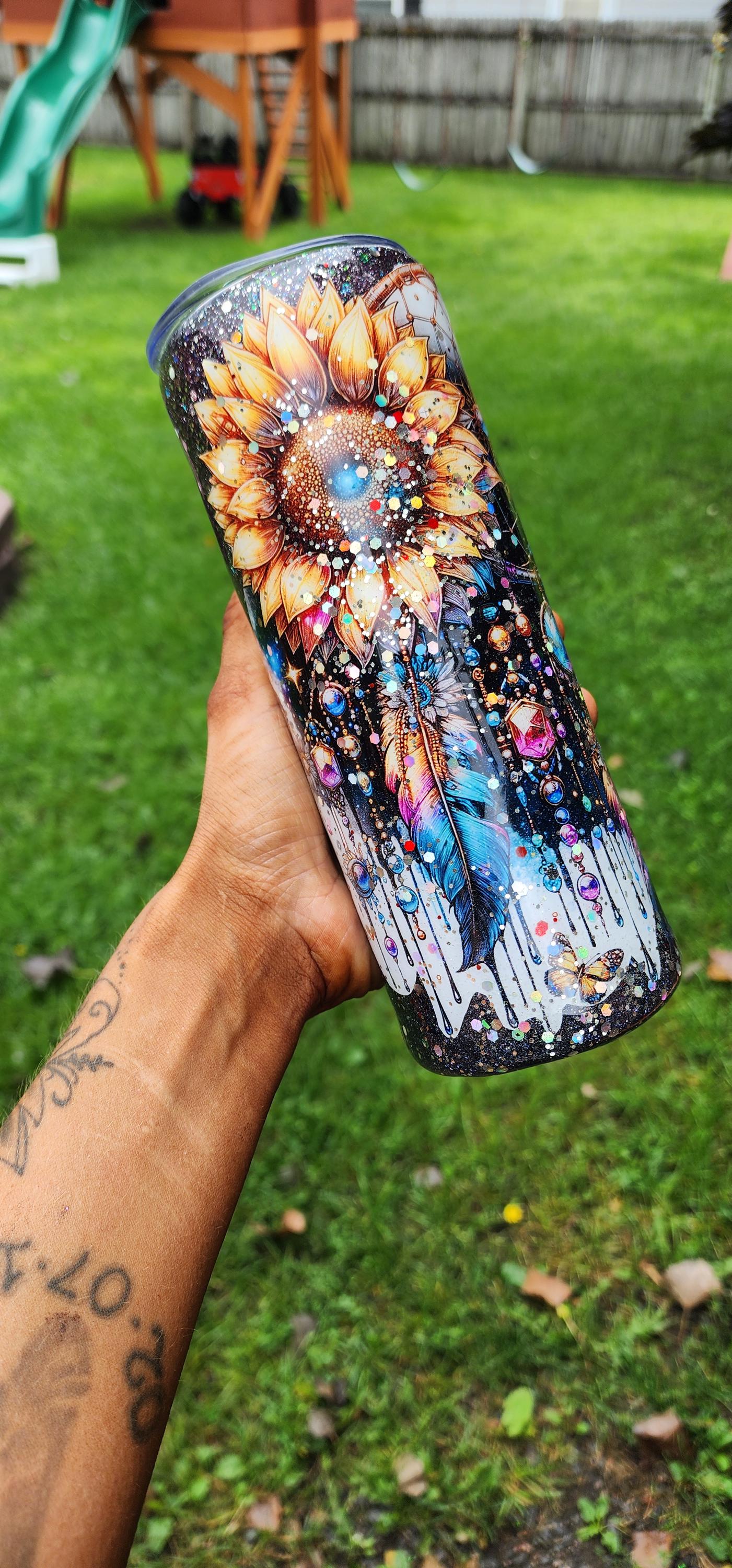Handmade Dream Catcher Tumbler: Boho Glitter Stainless Steel Travel Mug - Thumbnail 4