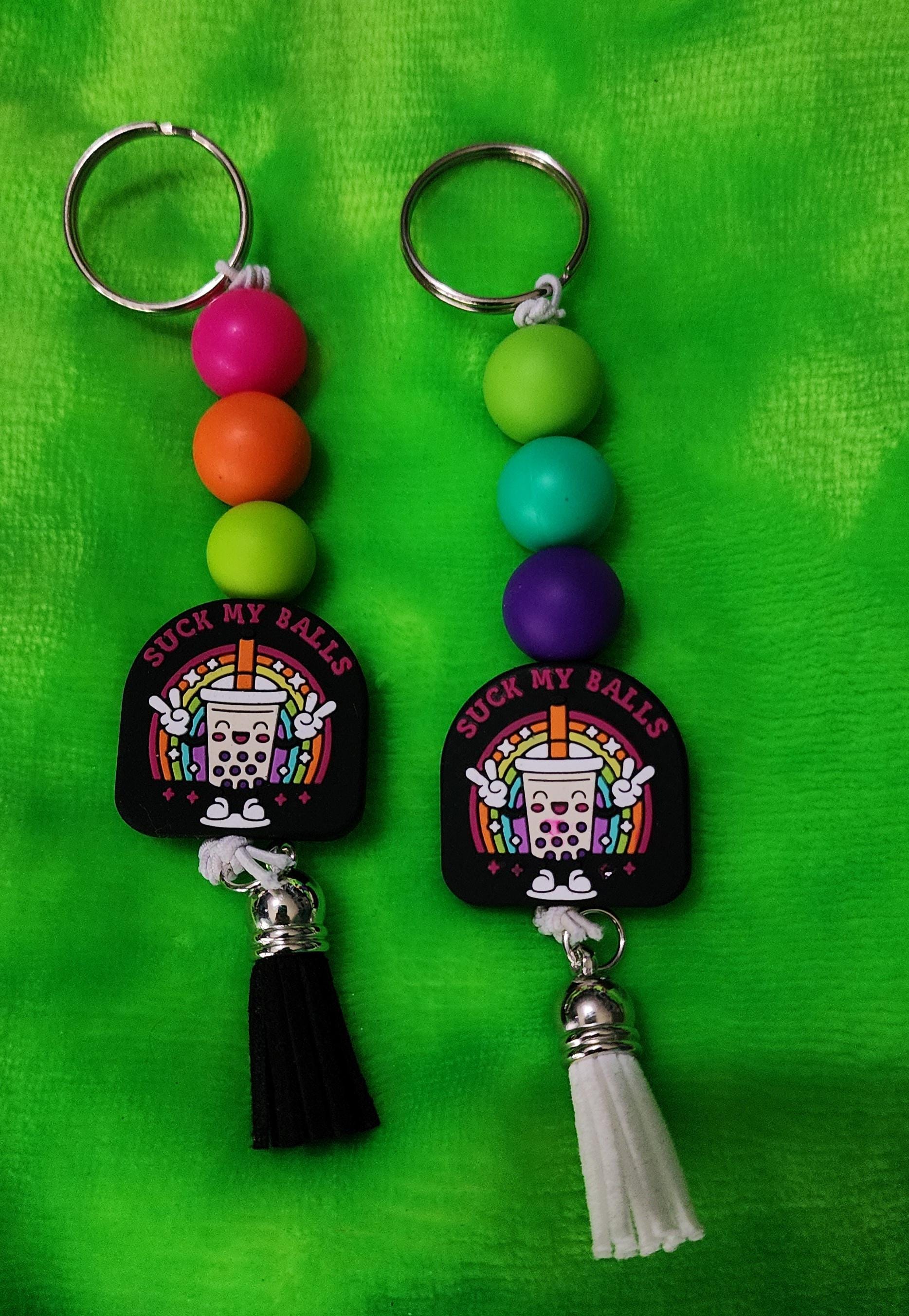 Colorful “Suck My Balls” Beaded Keychain – Bold & Sassy Handmade Bag Charm, Funny Statement Accessory, Quirky Gift for Friends with Humor
