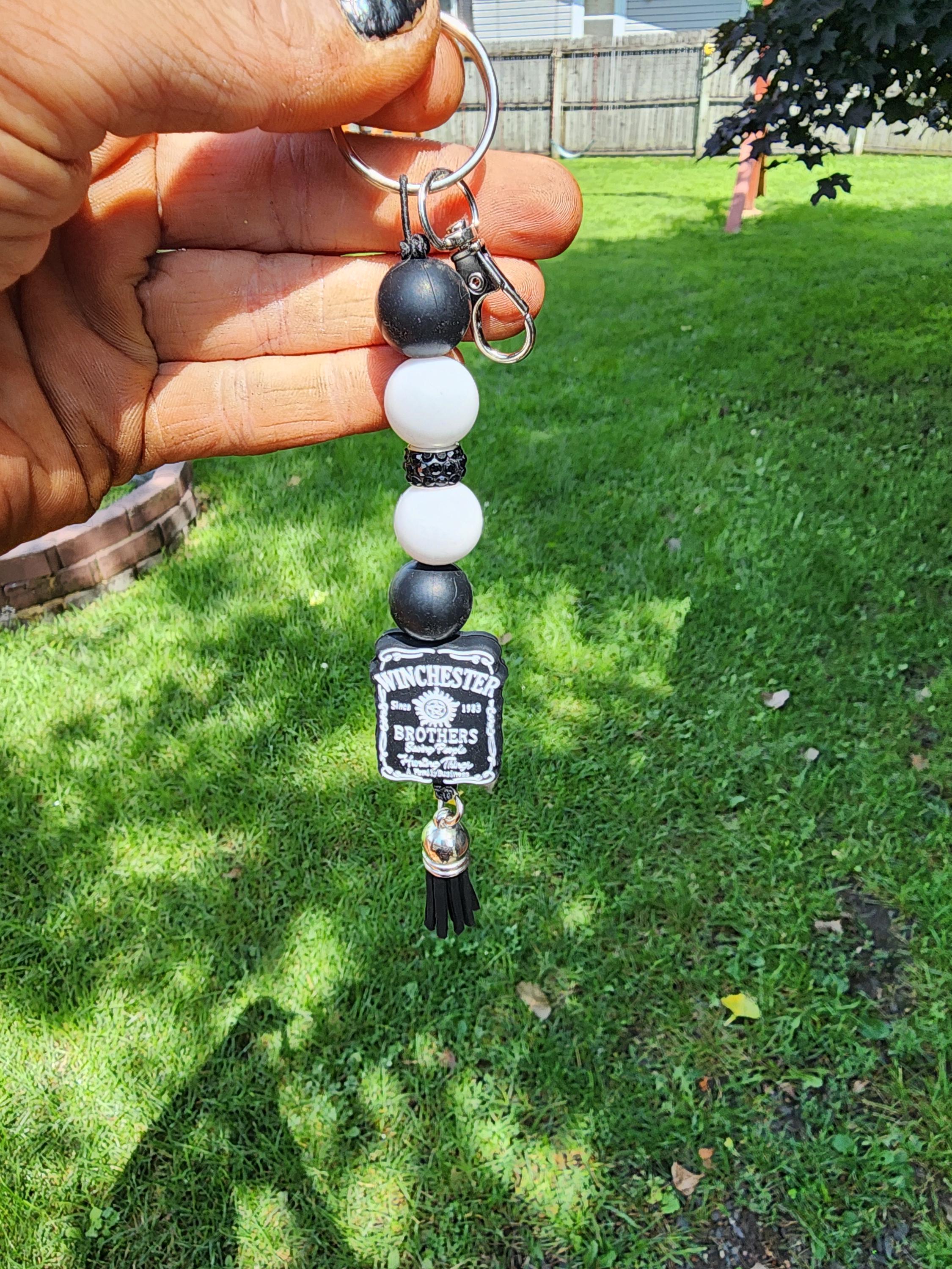 Winchester Brothers Keychain: Black & White Beaded Supernatural Charm - Thumbnail 3