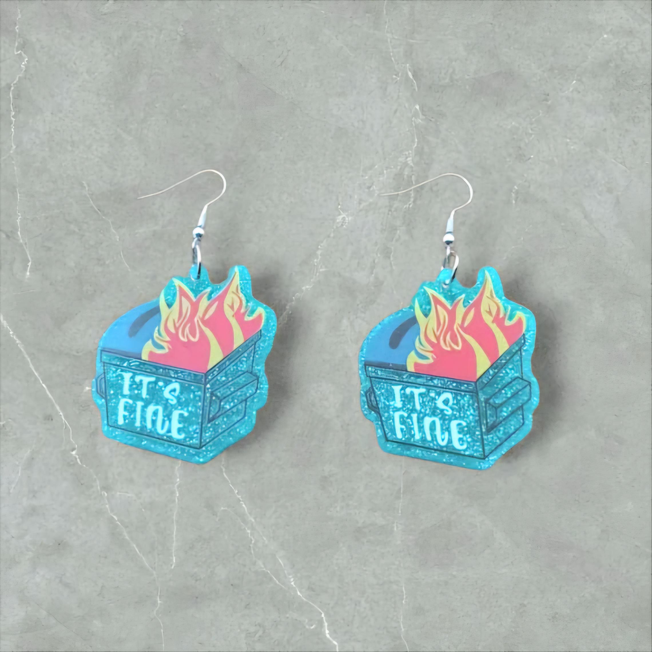 Glittery Blue Dumpster Fire Dangle Earrings – “I’m Fine” – Because Chaos Looks Better with Sparkle - Thumbnail 7