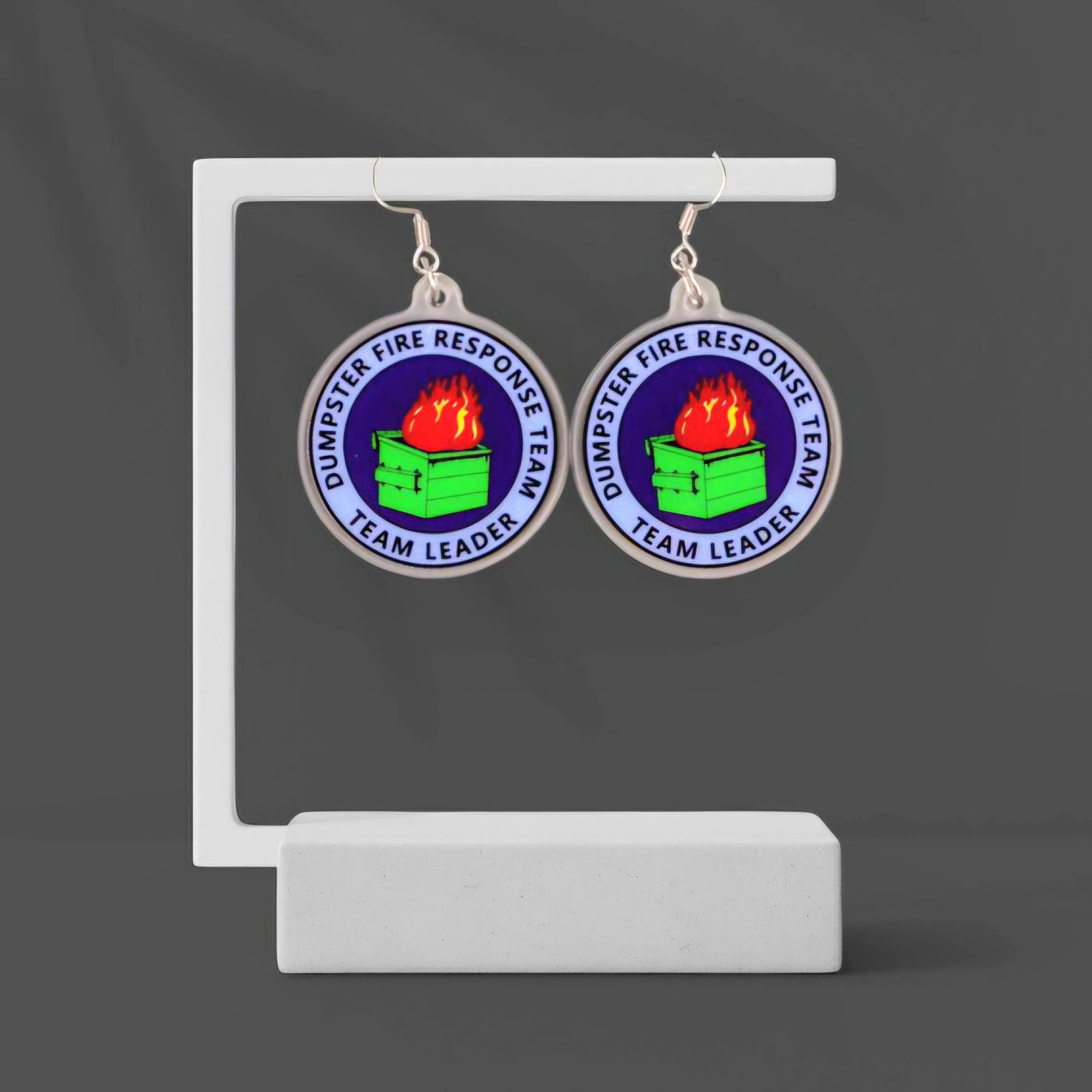 Dumpster Fire Response Team Earrings: Funny Acrylic Dangle Jewelry - Thumbnail 4