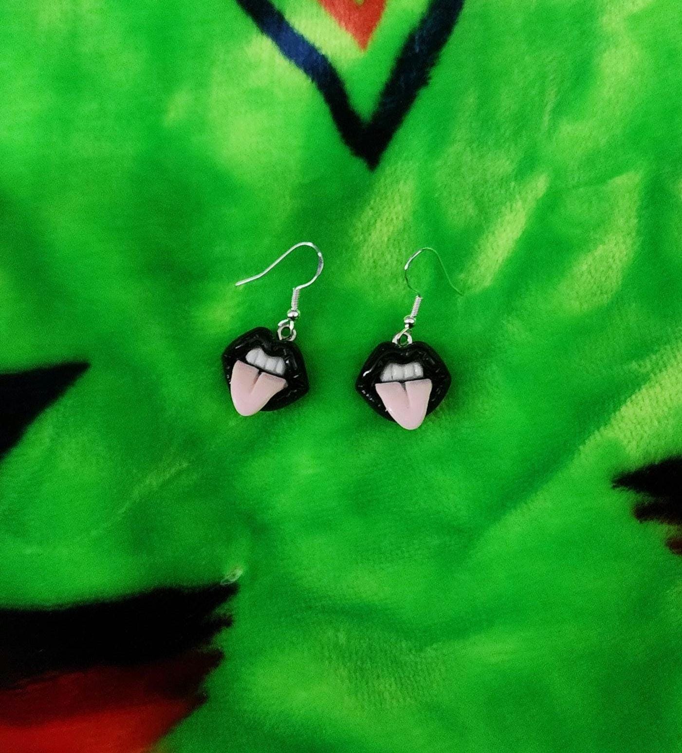 Goth Tongue Out Earrings: Handmade Polymer Clay, Edgy Jewelry - Thumbnail 4