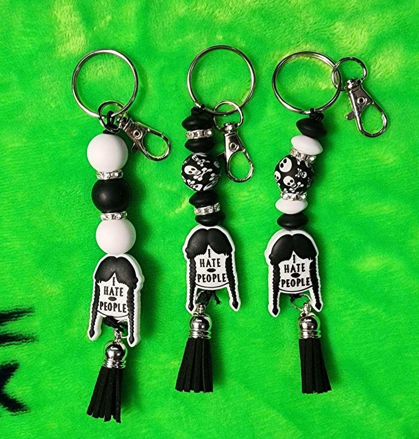 Wednesday Addams ‘I Hate People’ Beaded Keychain – Gothic Spooky Accessory, Creepy Cute Bag Charm,  Horror & Addams Family Fans - Thumbnail 2