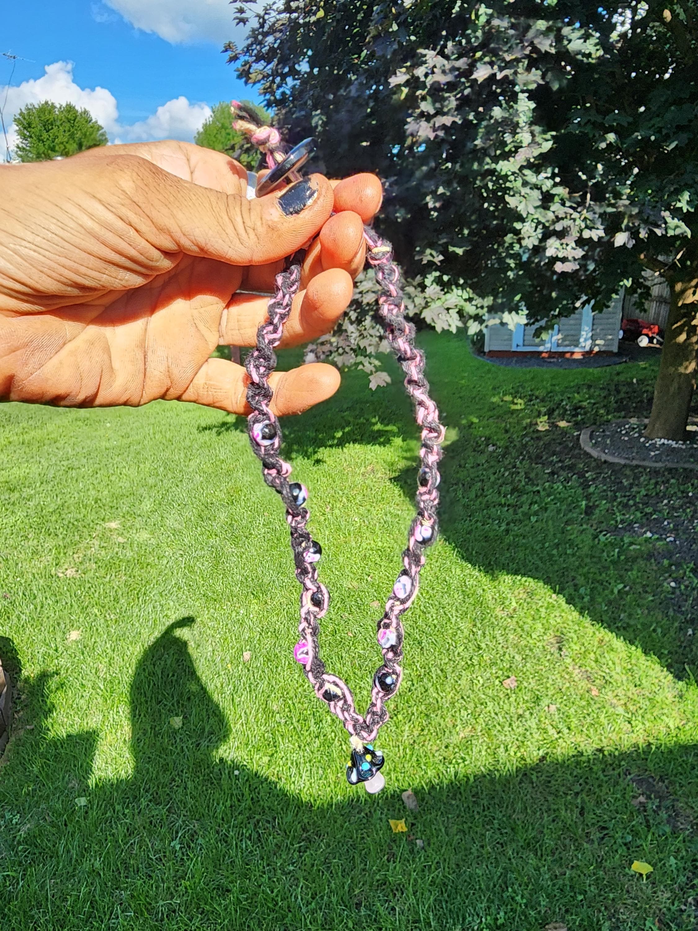 Pink & Black Hemp Necklace: Mushroom Pendant, Boho Alt Jewelry - Thumbnail 2