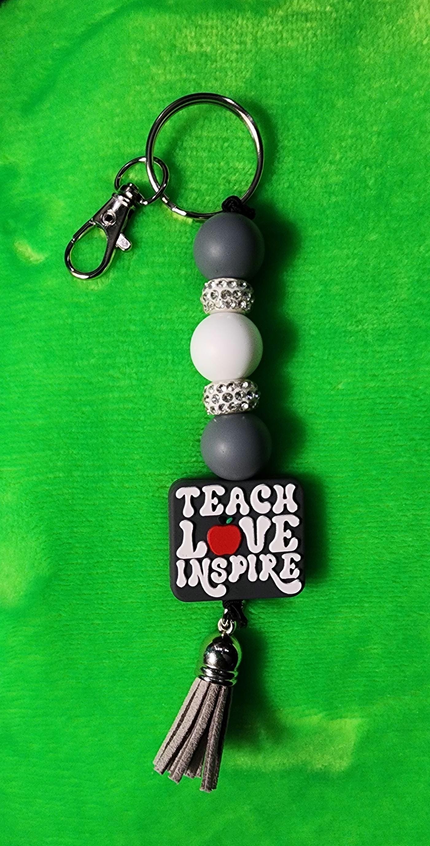 Gray & White Beaded Keychain – “Teach, Love, Inspire” Teacher appreciation| Positive Quote Keychain, Bag Charm - Thumbnail 6