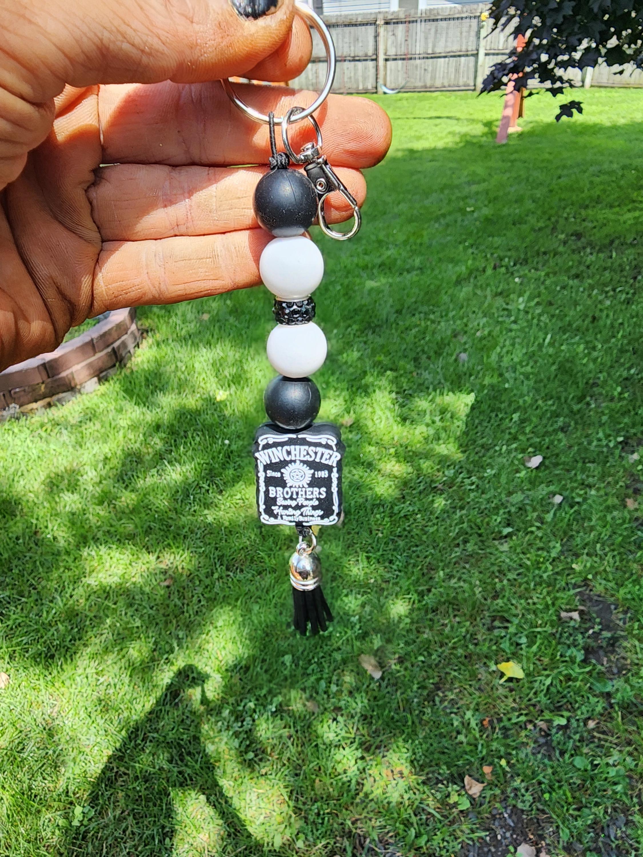 Winchester Brothers Keychain: Black & White Beaded Supernatural Charm - Thumbnail 2