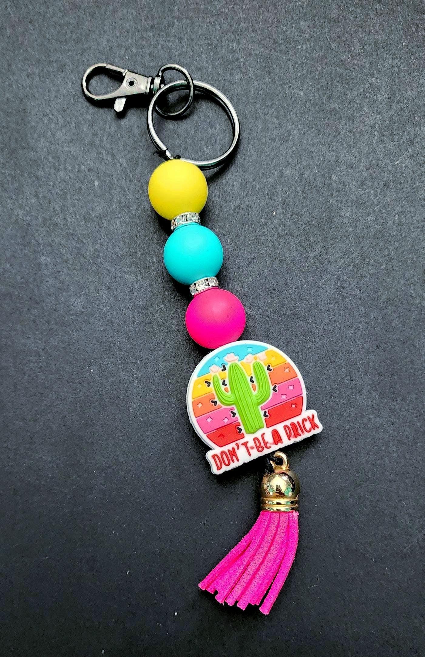 Beaded Keychain: Sassy Cactus Tassel Keyring, "Don't Be A Prick"
