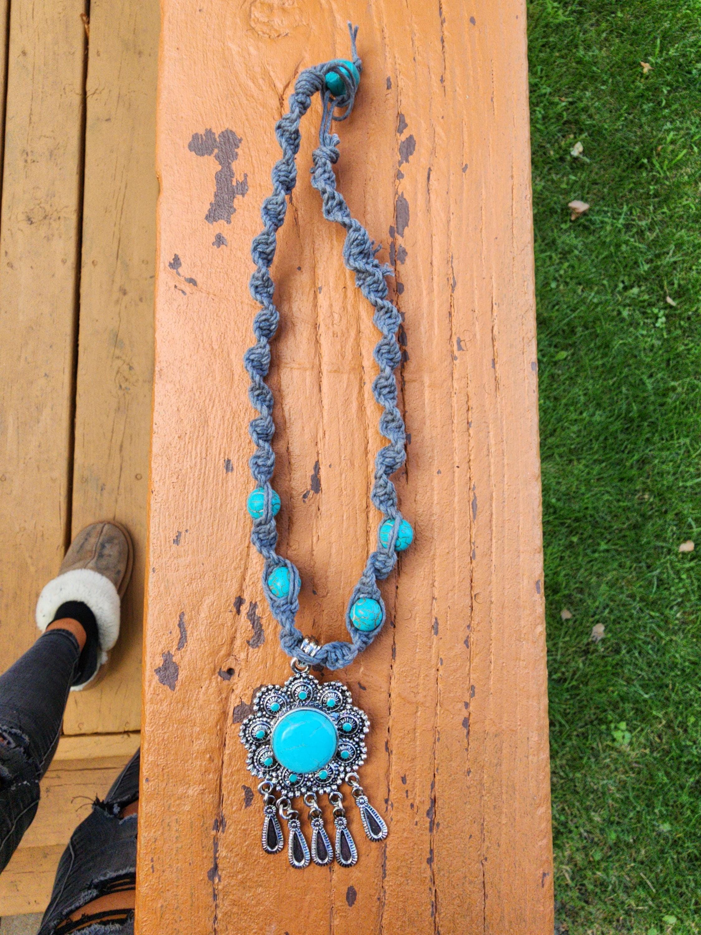 Handmade Hemp Necklace with Turquoise Pendant - Thumbnail 3