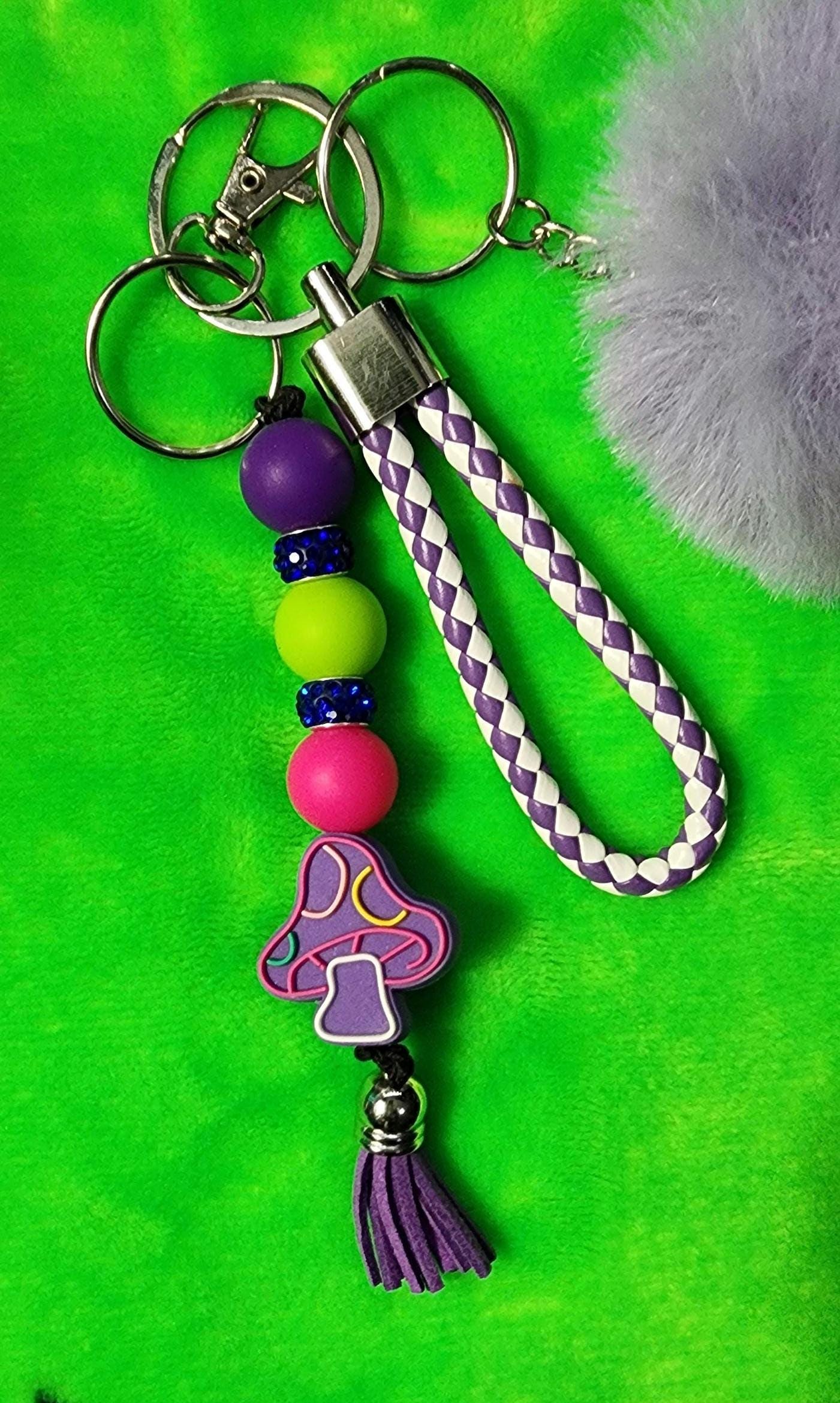 Purple Mushroom Set, Cottagecore Keychain with Lanyard & Pom for Mushroom Lovers - Thumbnail 2