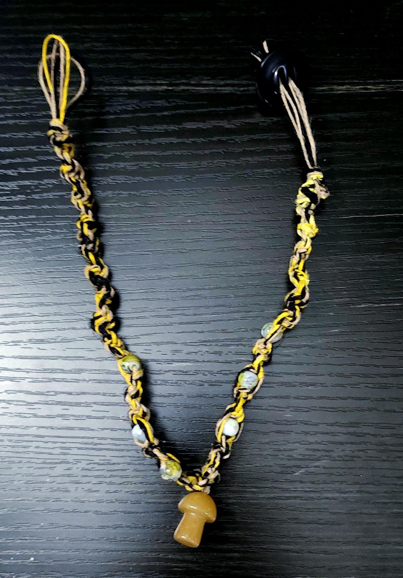 Hemp Necklace with Yellow Glass Mushroom Bead - Ecofriendly Black, White & Yellow Boho Jewelry for Men and Women - Thumbnail 5