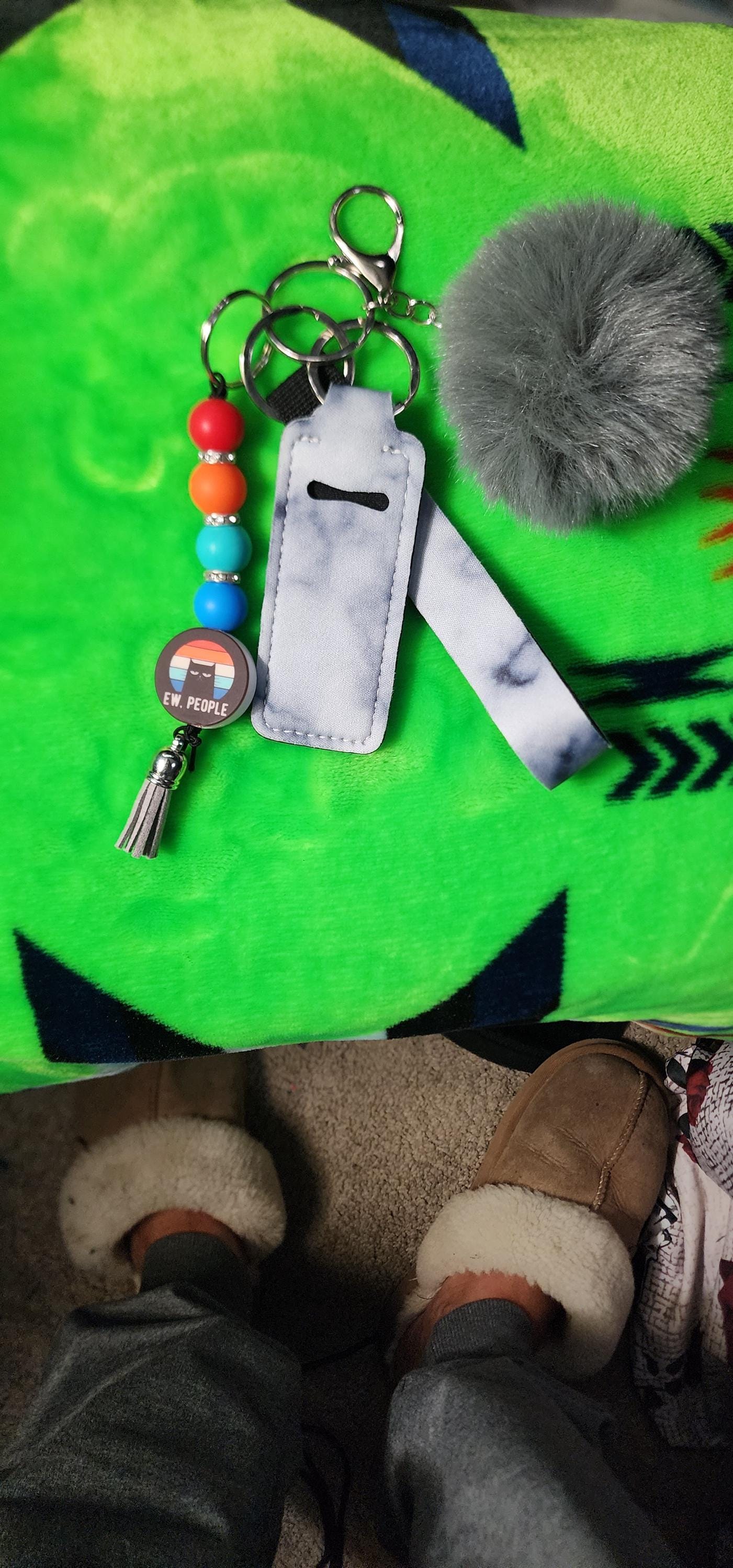 Ew People Cat Keychain Set | Funny Cat Lover Keychain with Pom, Lanyard & Hand Sanitizer Holder | Sassy Anti-Social Energy - Thumbnail 4