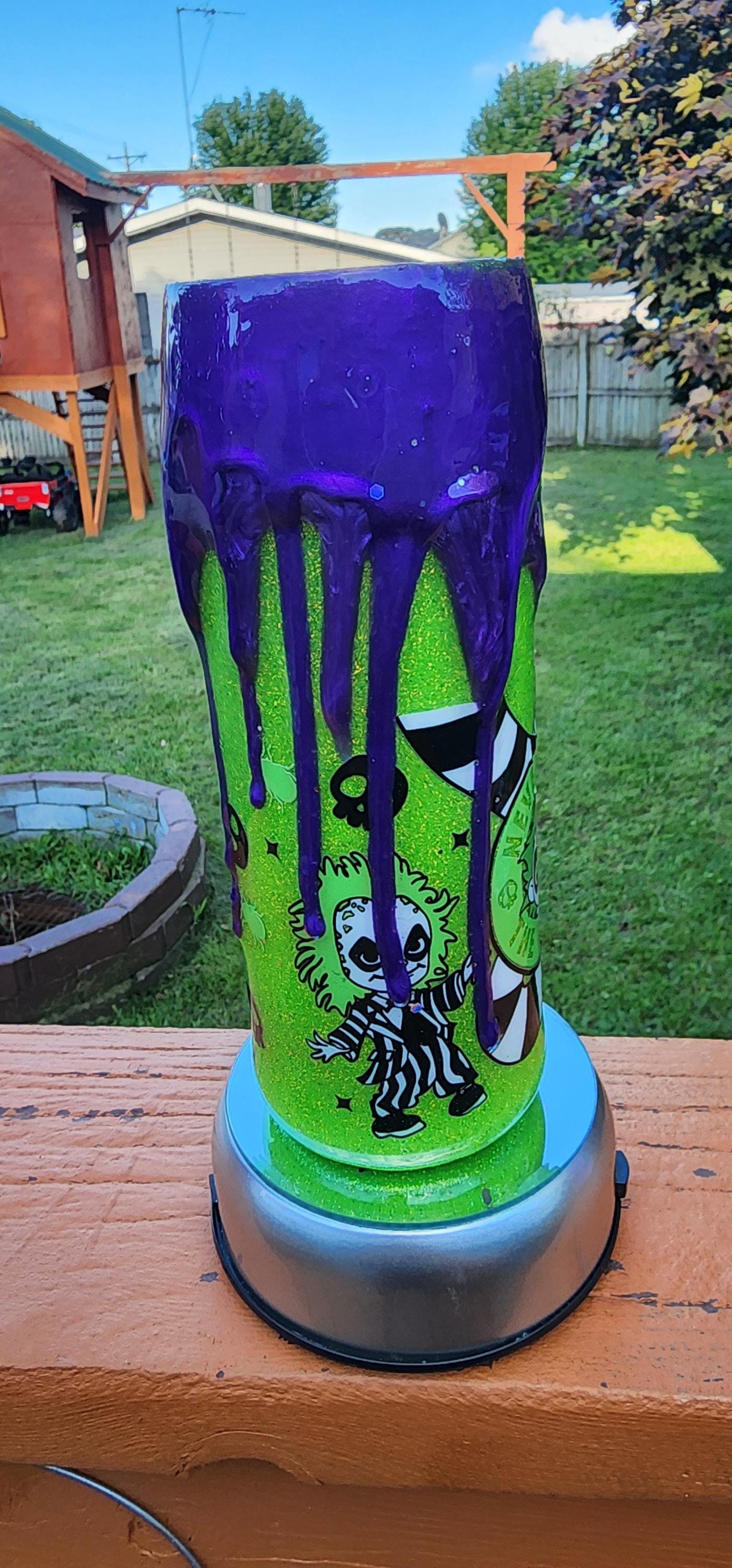 Beetlejuice Epoxy Drip Tumbler – Neon Green & Purple Creepy Cute Horror Cup | Handmade Halloween Drinkware and Spooky Movie Fan Gift - Thumbnail 6