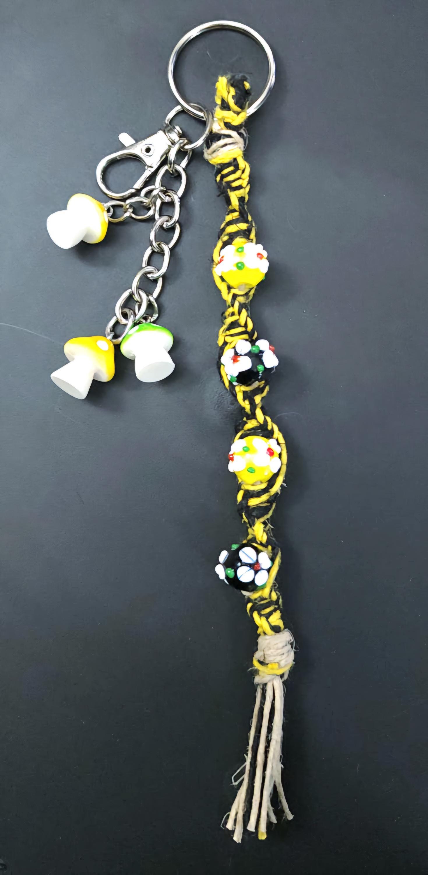 Handmade Hemp Keychain: Flower Beads and Mushroom Charms - Thumbnail 2
