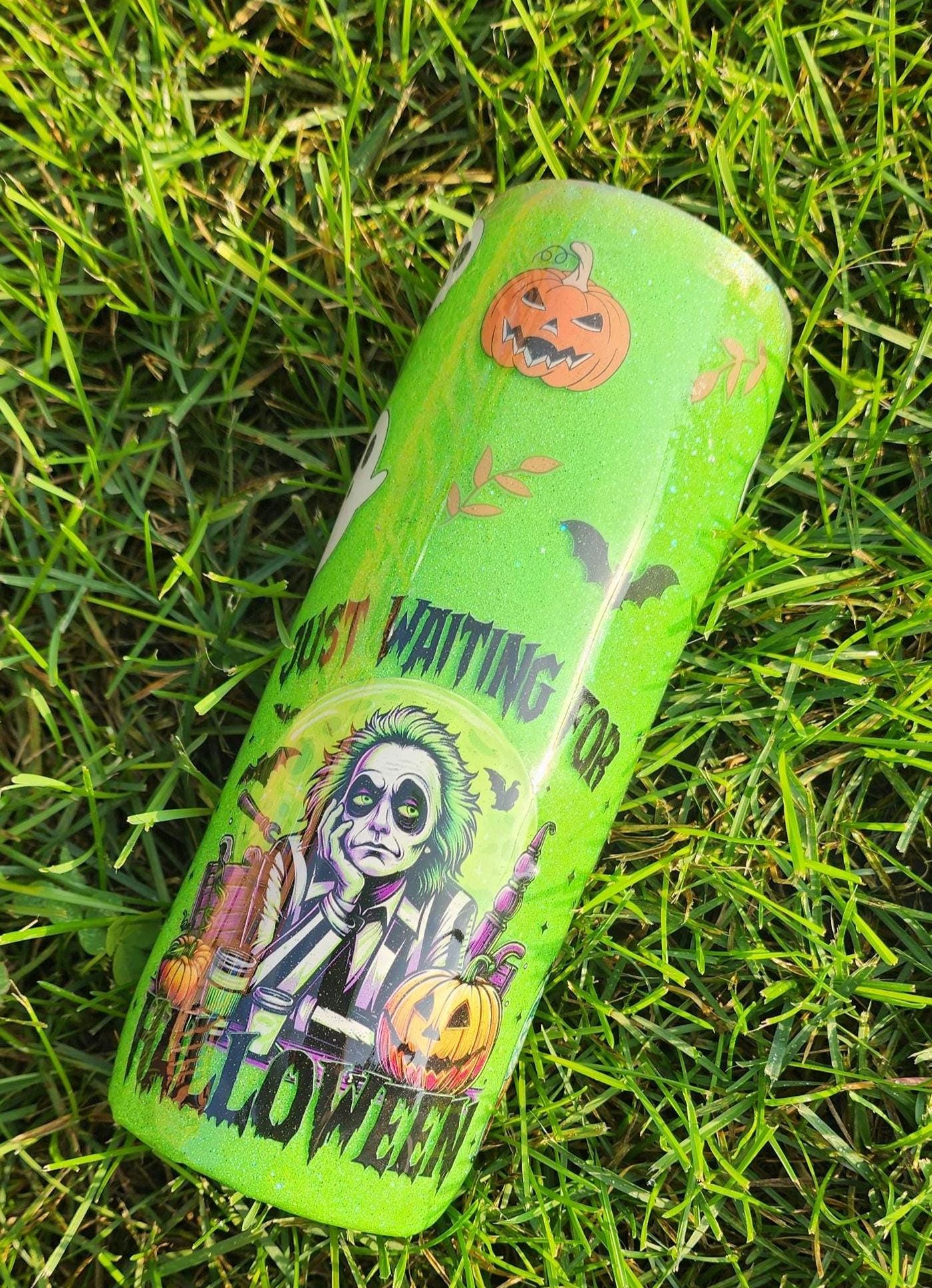 Beetlejuice Tumbler: Lime Green Spooky Sparkle Stainless Steel Cup - Thumbnail 2