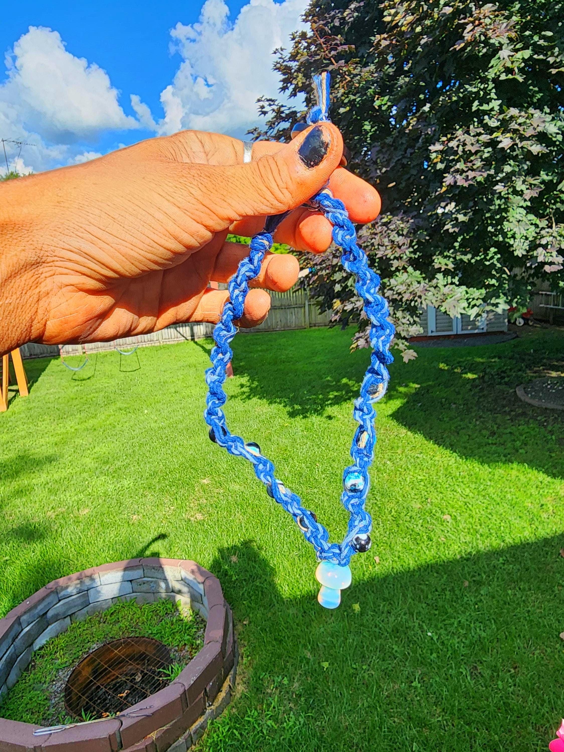 Handmade Blue Hemp Necklace: Pearlescent Mushroom Bead - Thumbnail 3