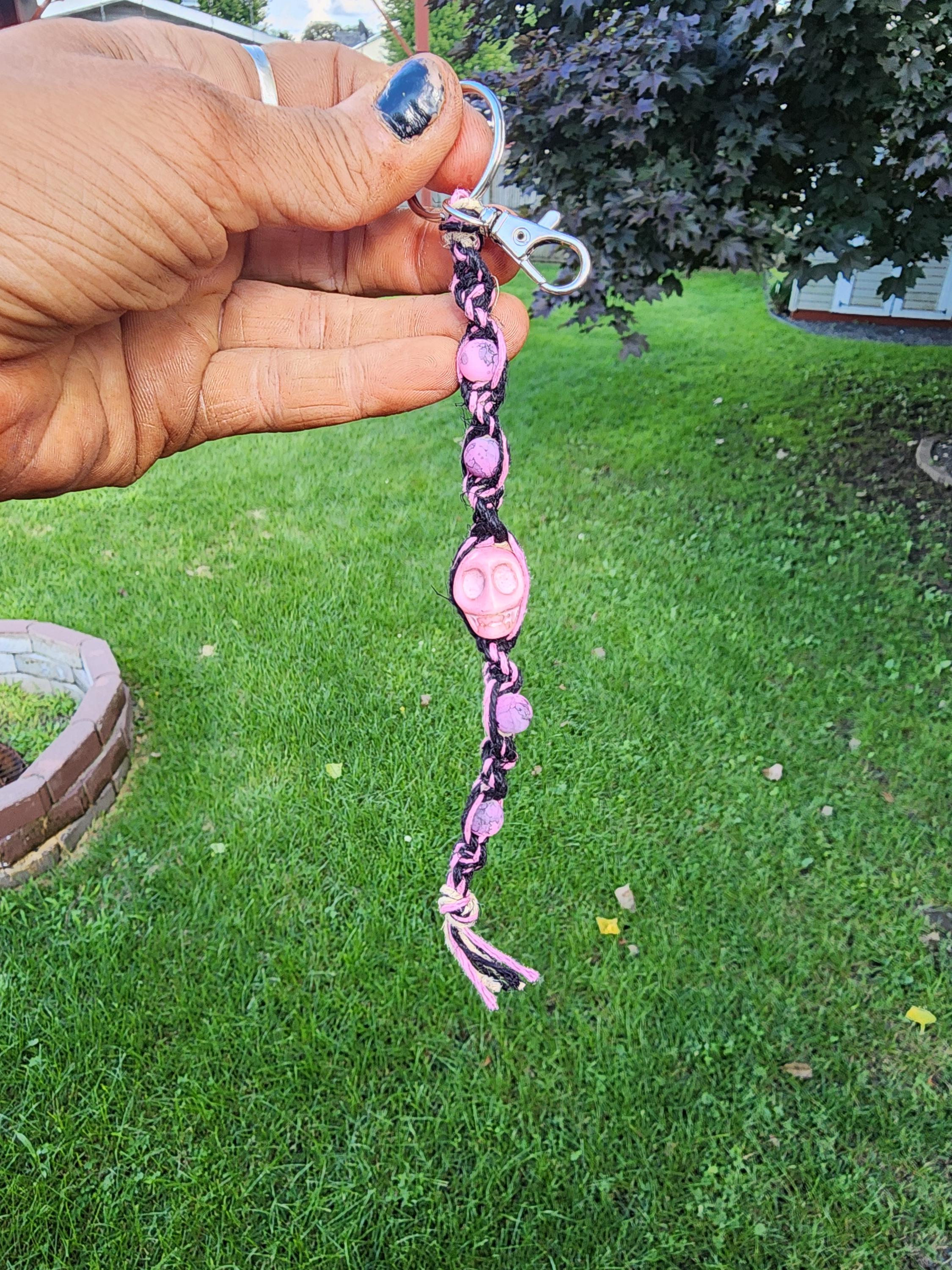 Pretty in Punk – Fierce Black & Pink Hemp Keychain with Hot Pink Beads + Badass Skull Charm | Spooky Babe Vibes Only - Thumbnail 7