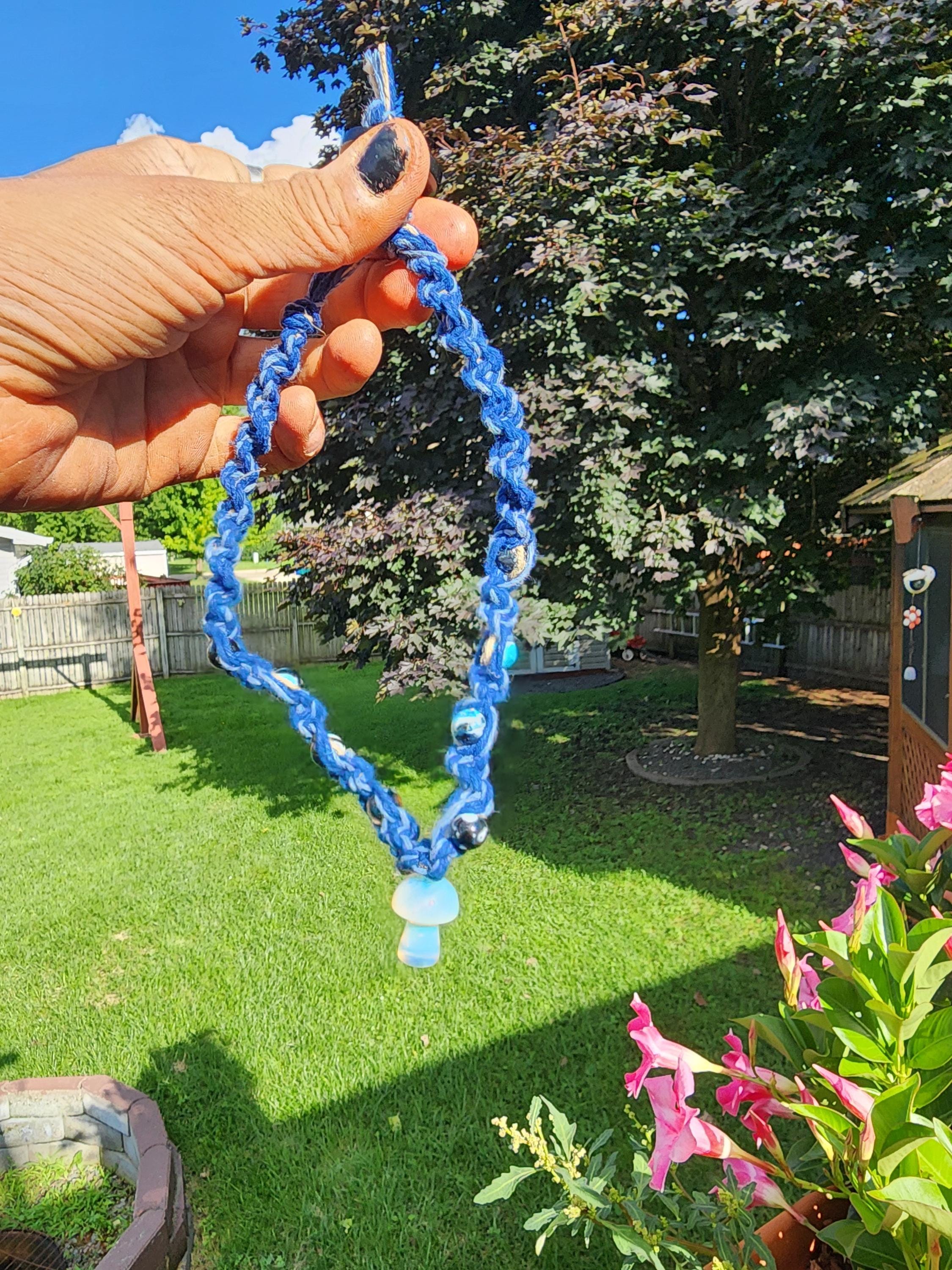 Handmade Blue Hemp Necklace: Pearlescent Mushroom Bead - Thumbnail 4