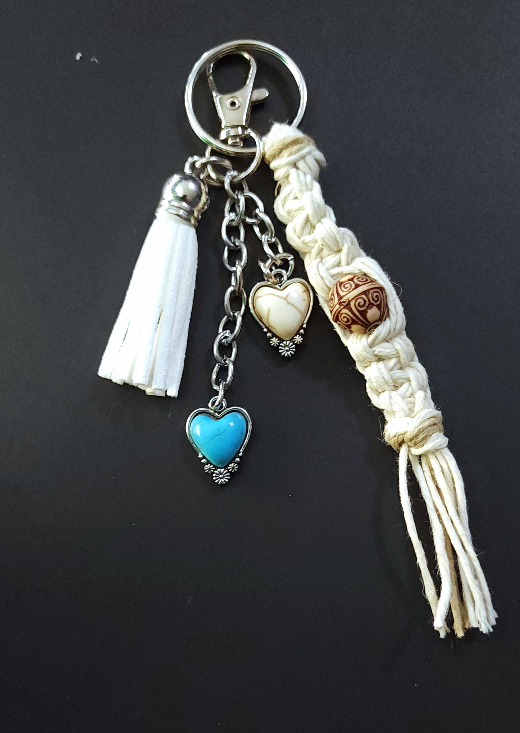 Hemp Keychain with Tassel and Heart Charms