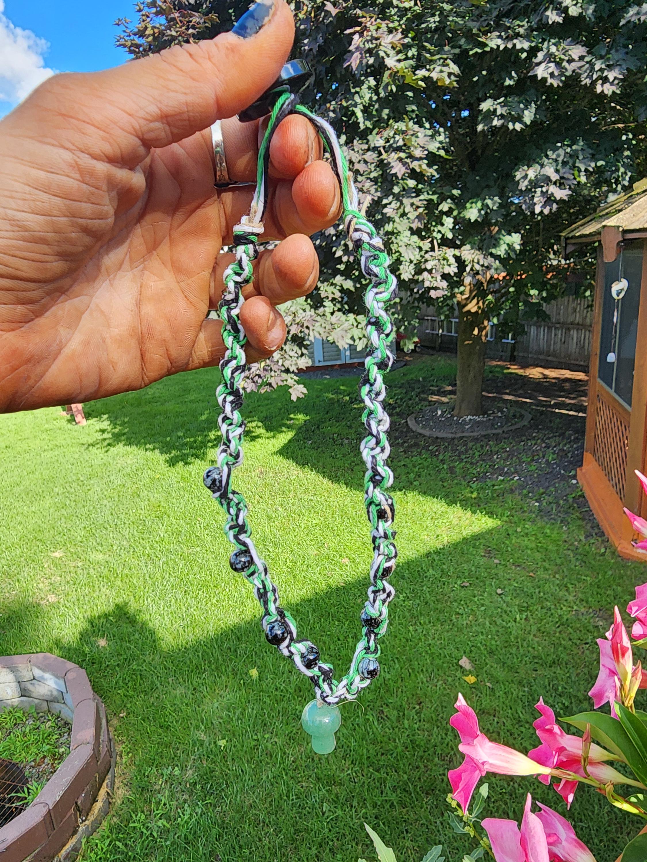 Handmade Hemp Necklace: Green Glass Mushroom Bead - Thumbnail 3